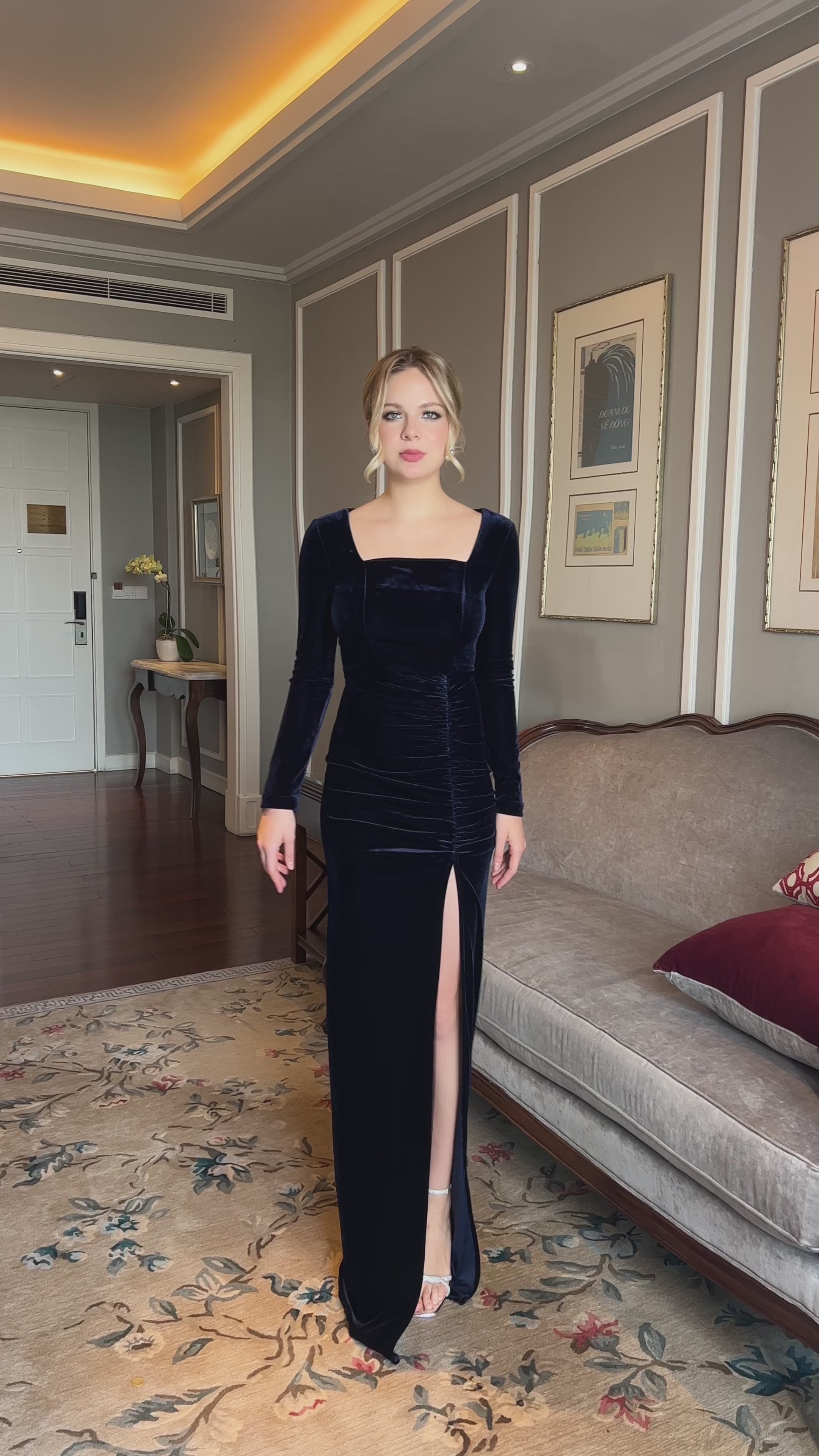 custom velvet evening dress with slit