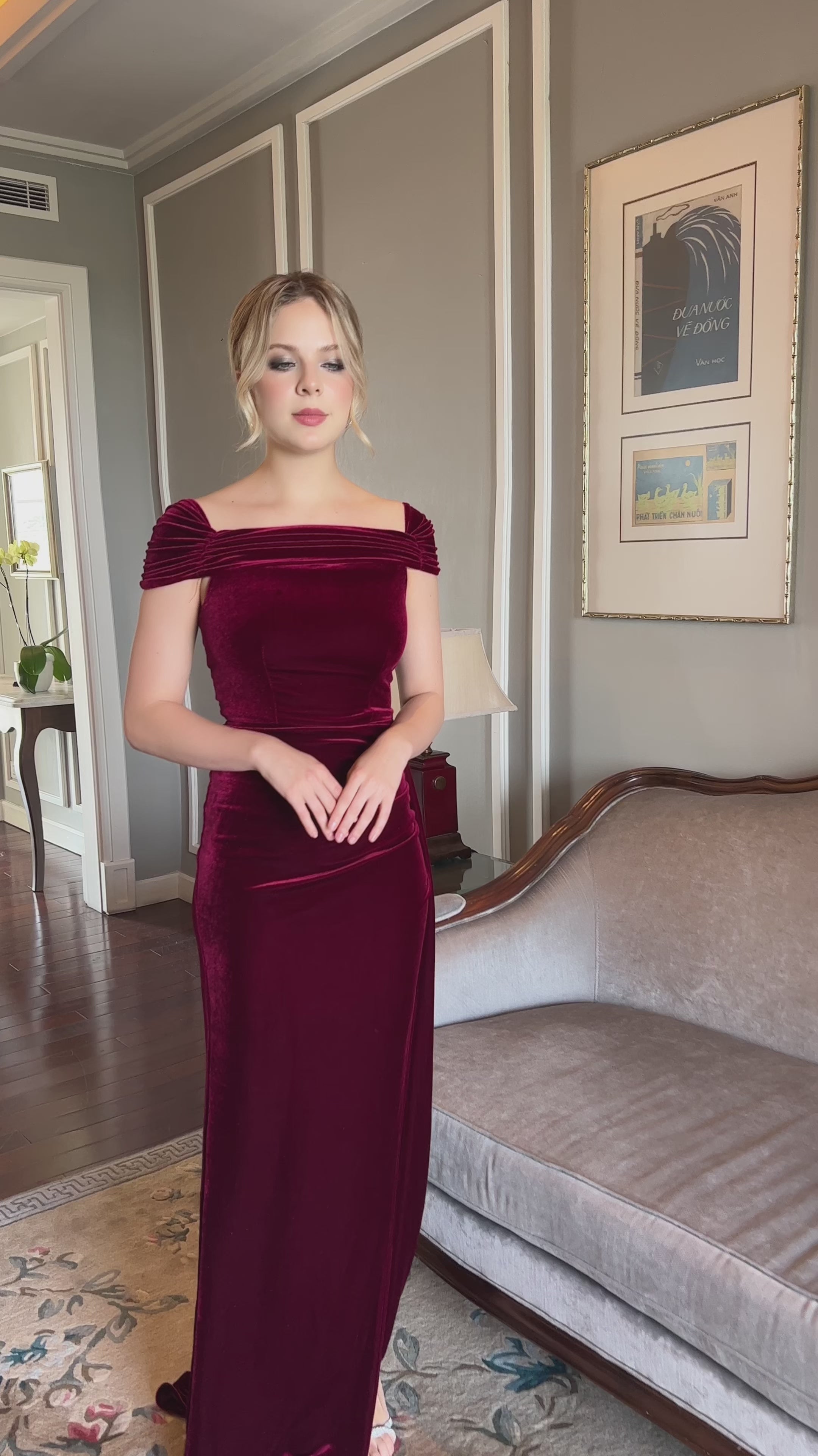 Ruched sleeve velvet gown