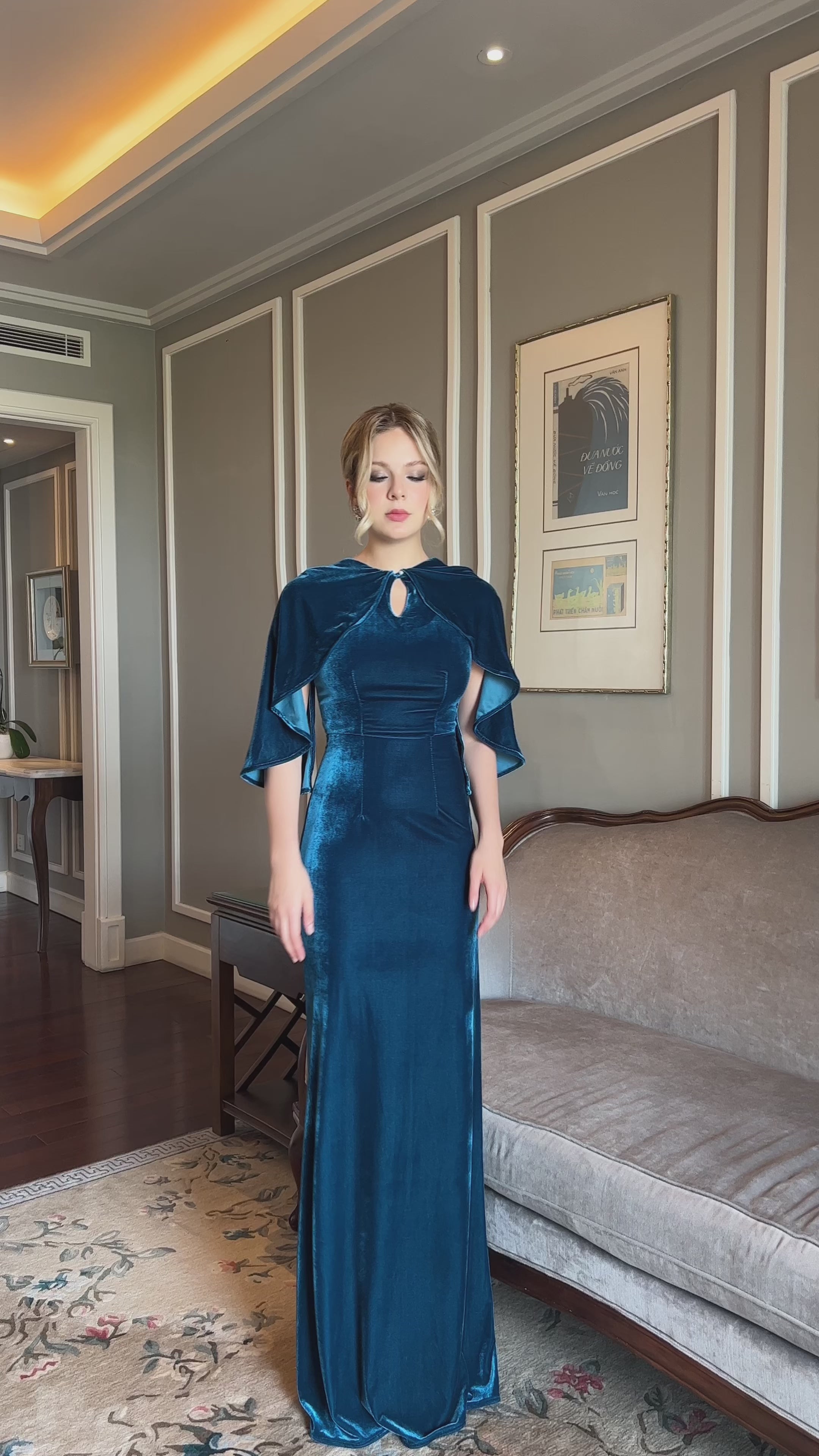 modest blue velvet cape gown