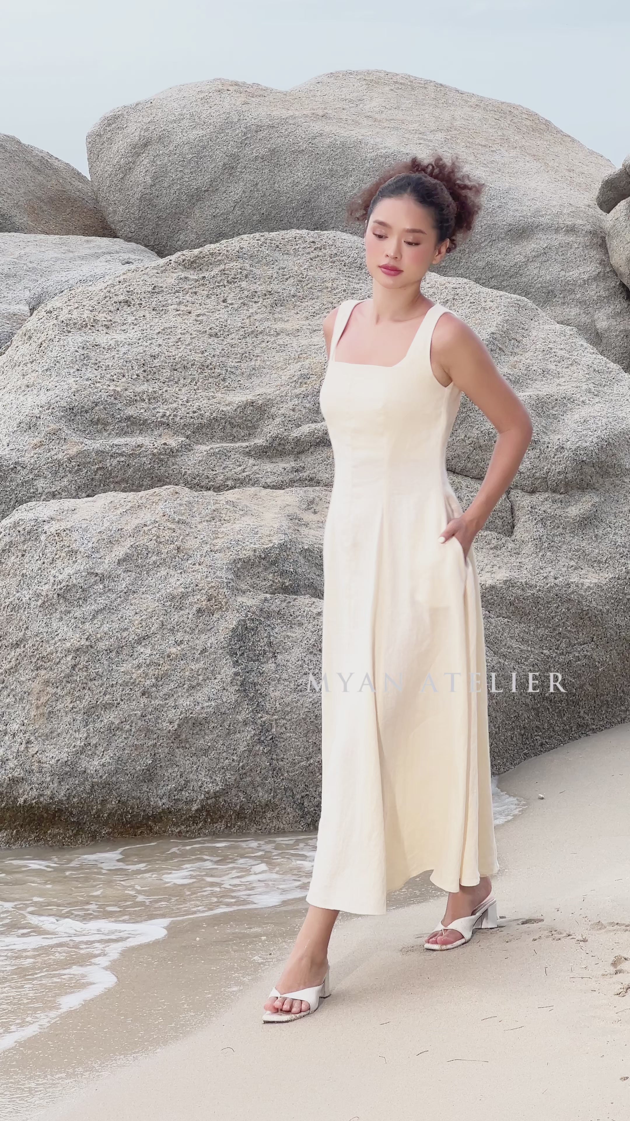 Square strap linen midi dress