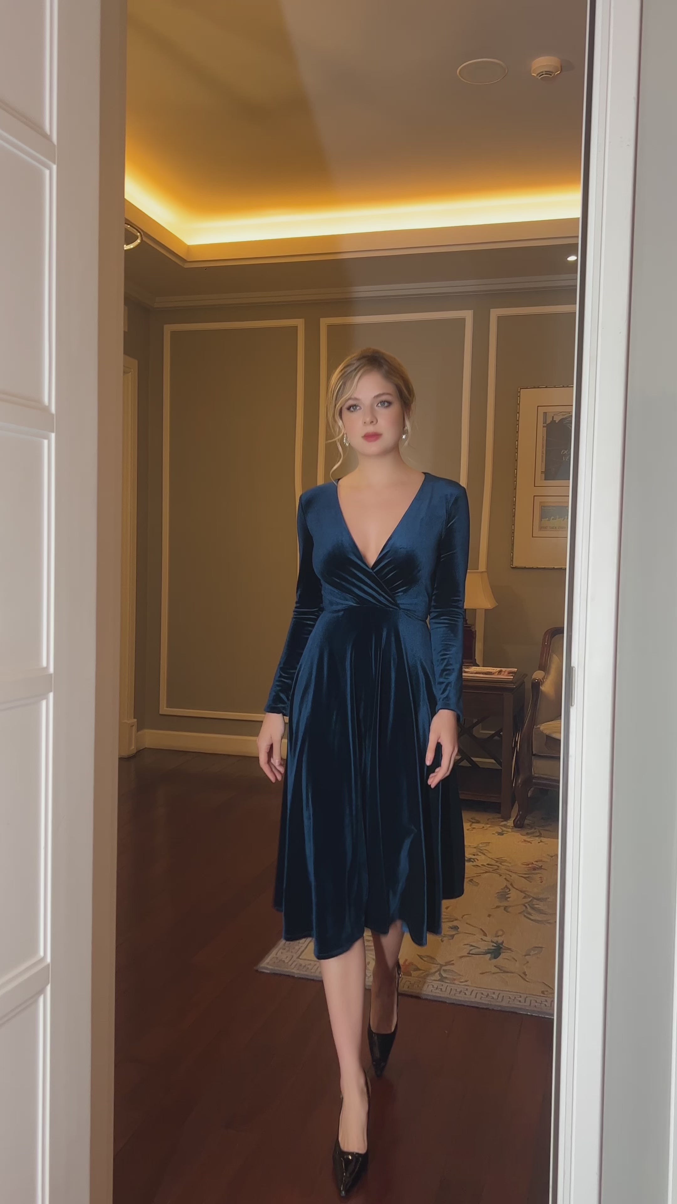 custom blue velvet midi dress