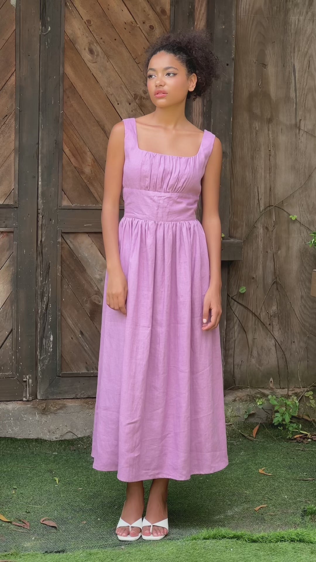 Gathered bodice linen dress