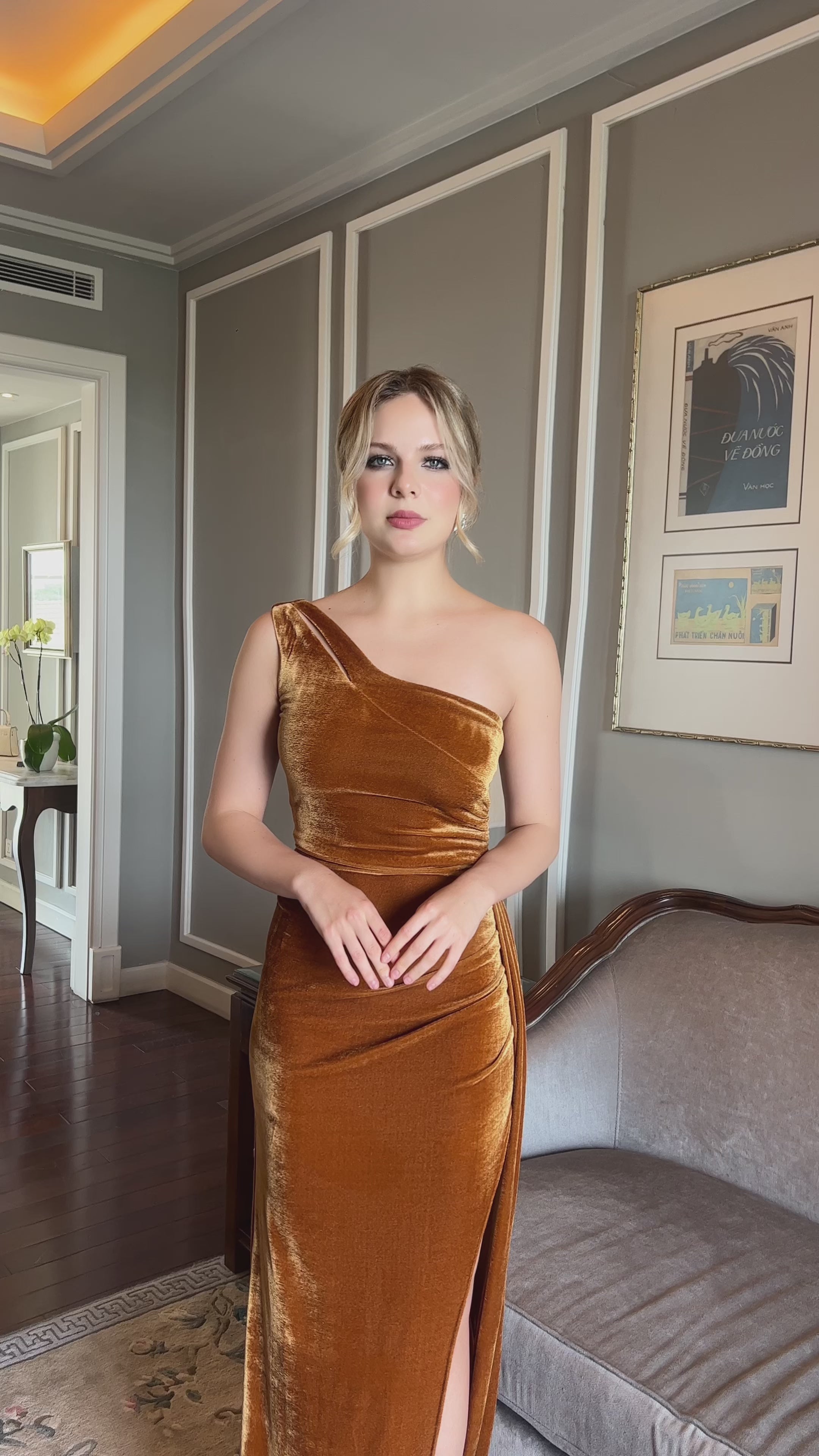 One shoulder velvet evening dress