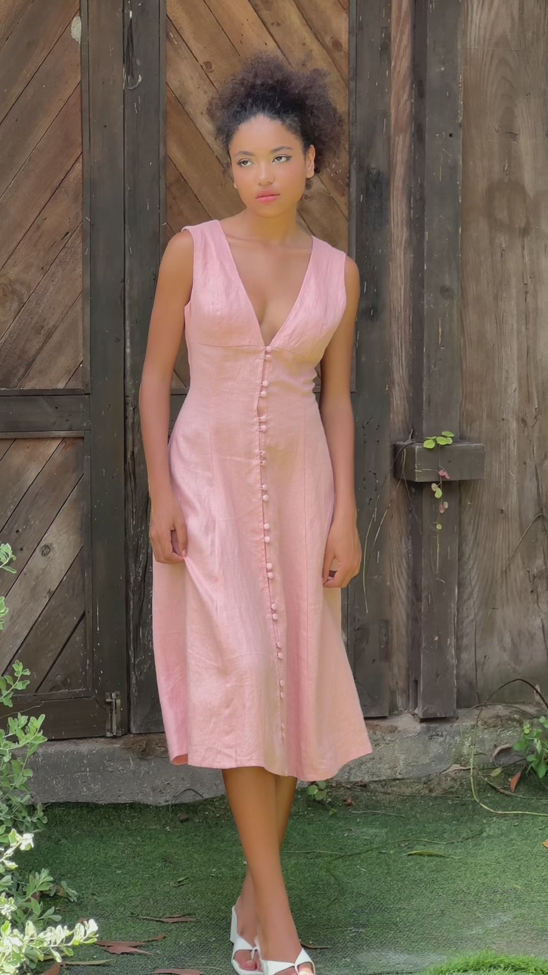 V-neck button front linen dress