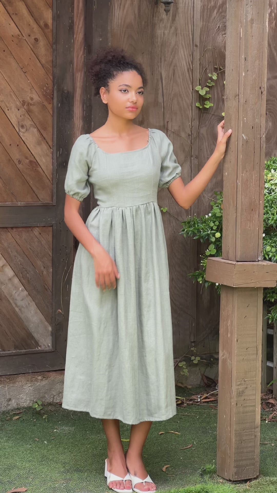 Short puff sleeve linen dress