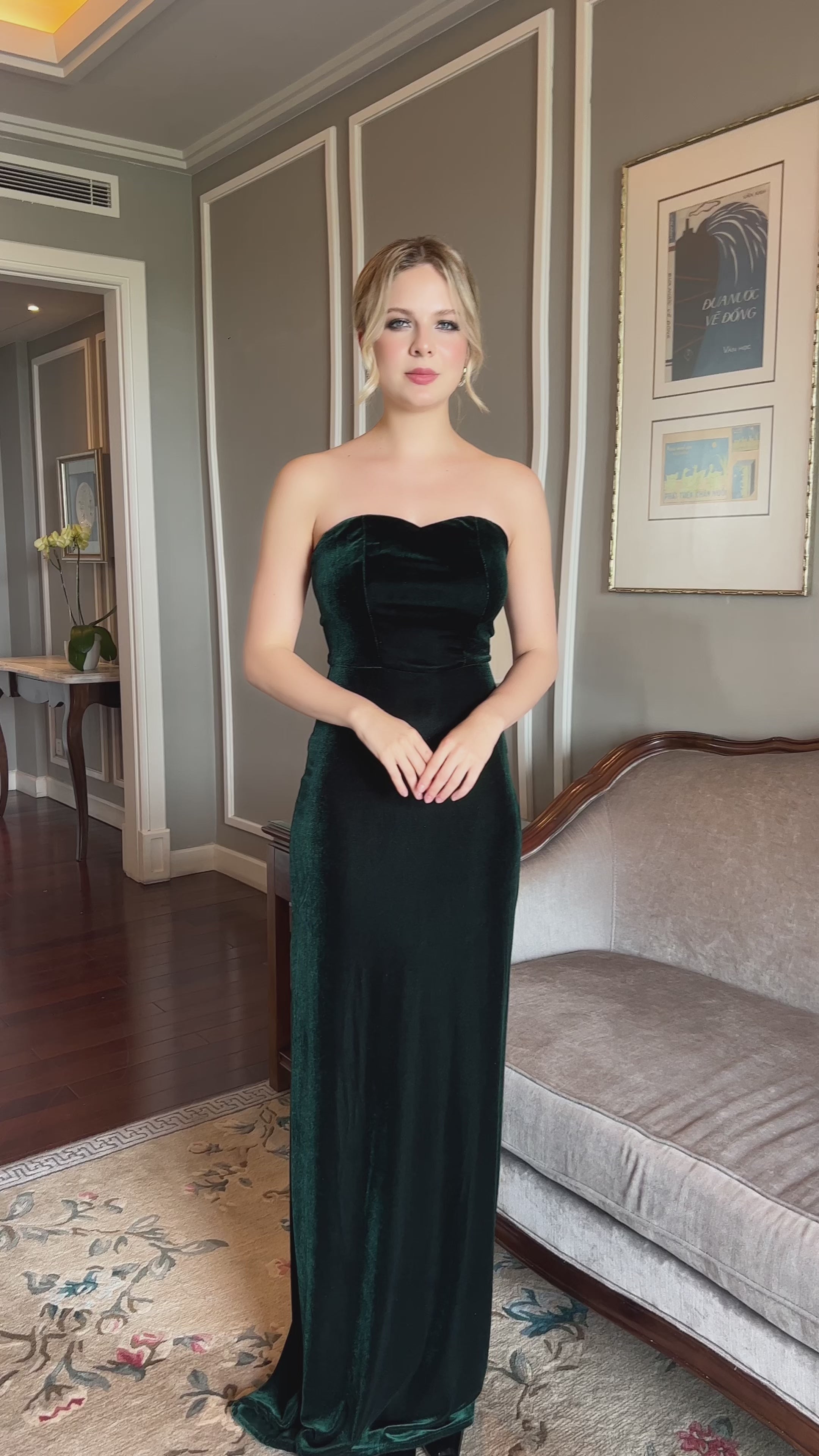 Strapless emerald velvet gown