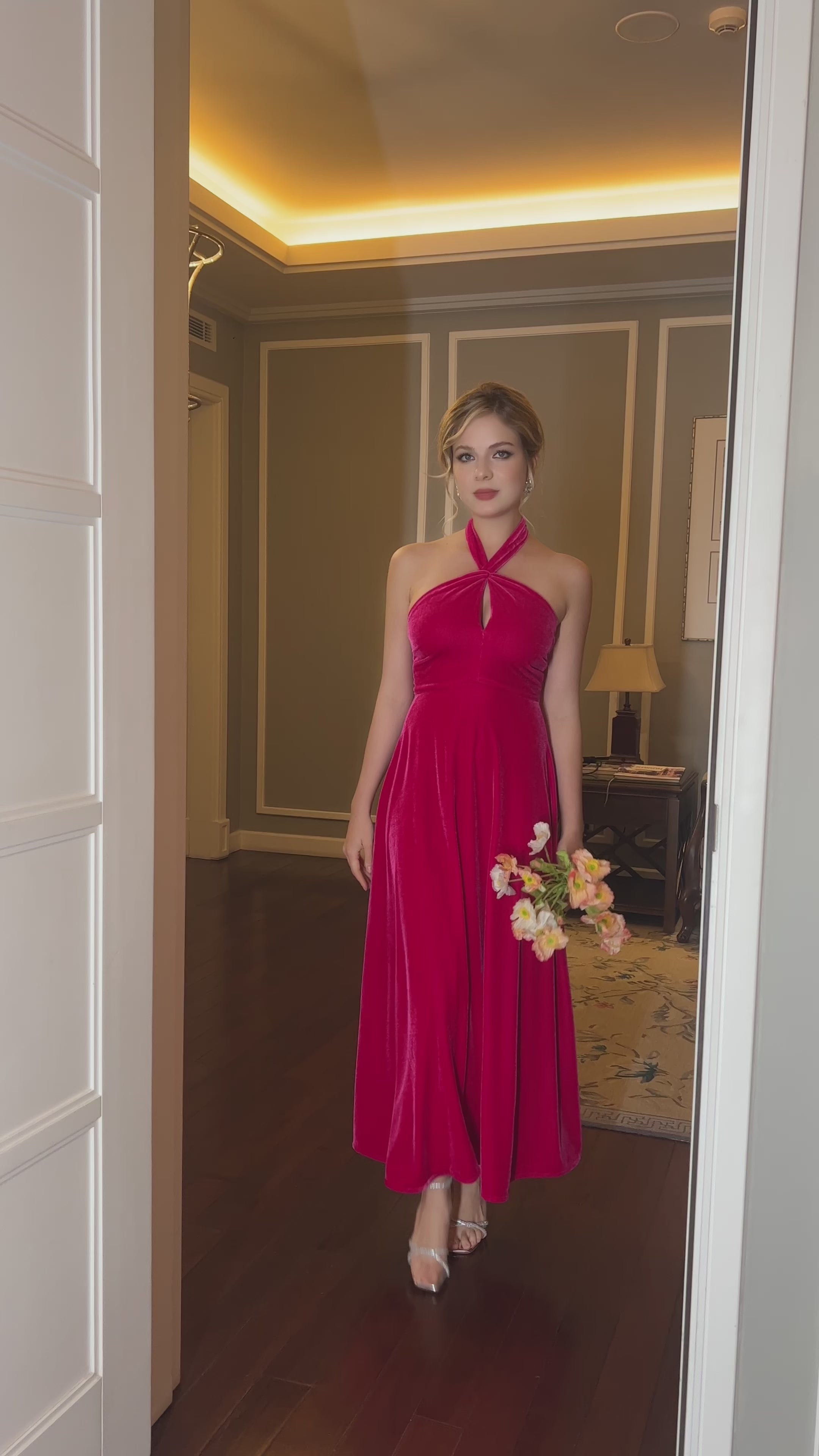 velvet halter formal dress