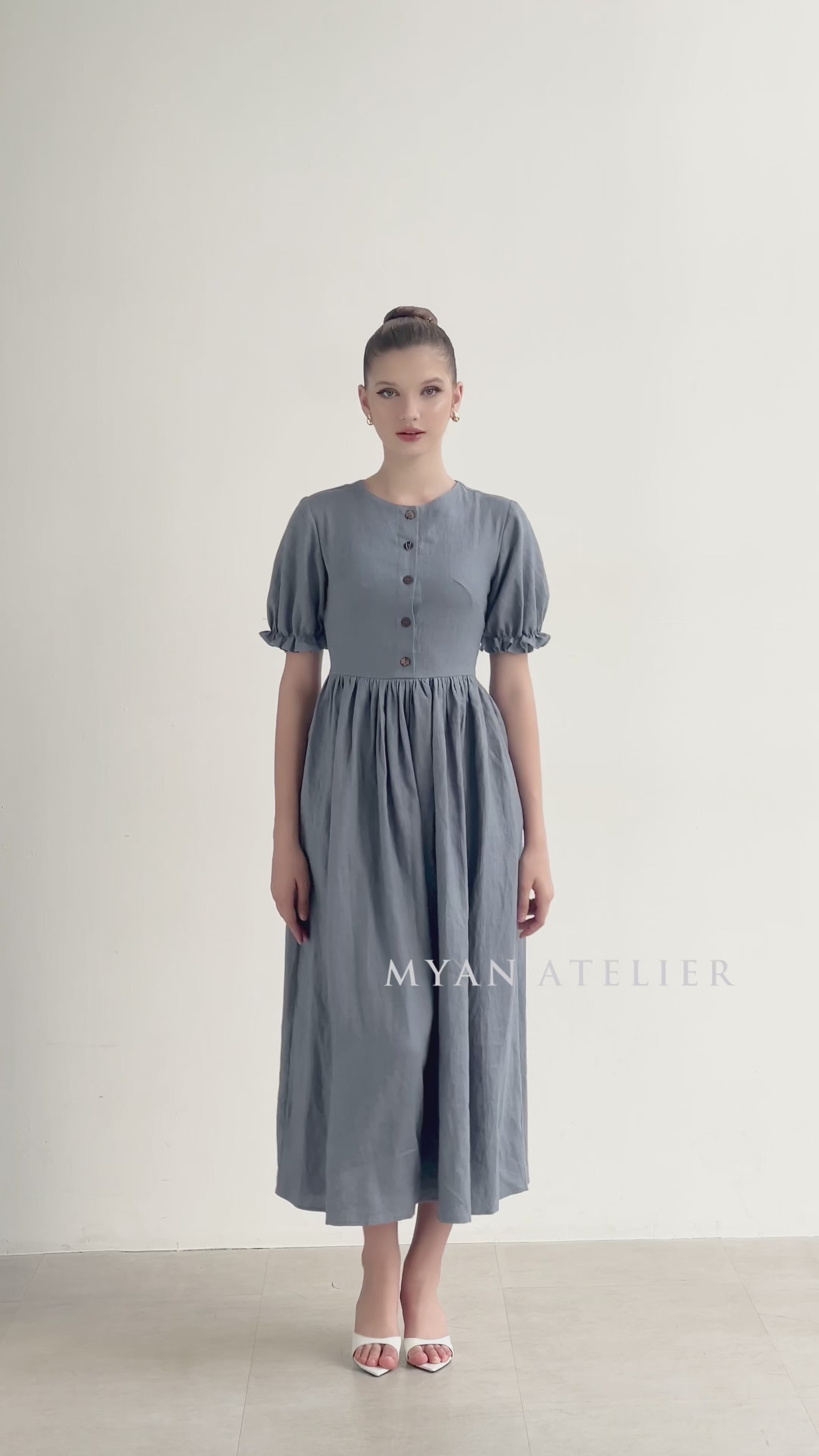 Linen dress with gathered waist