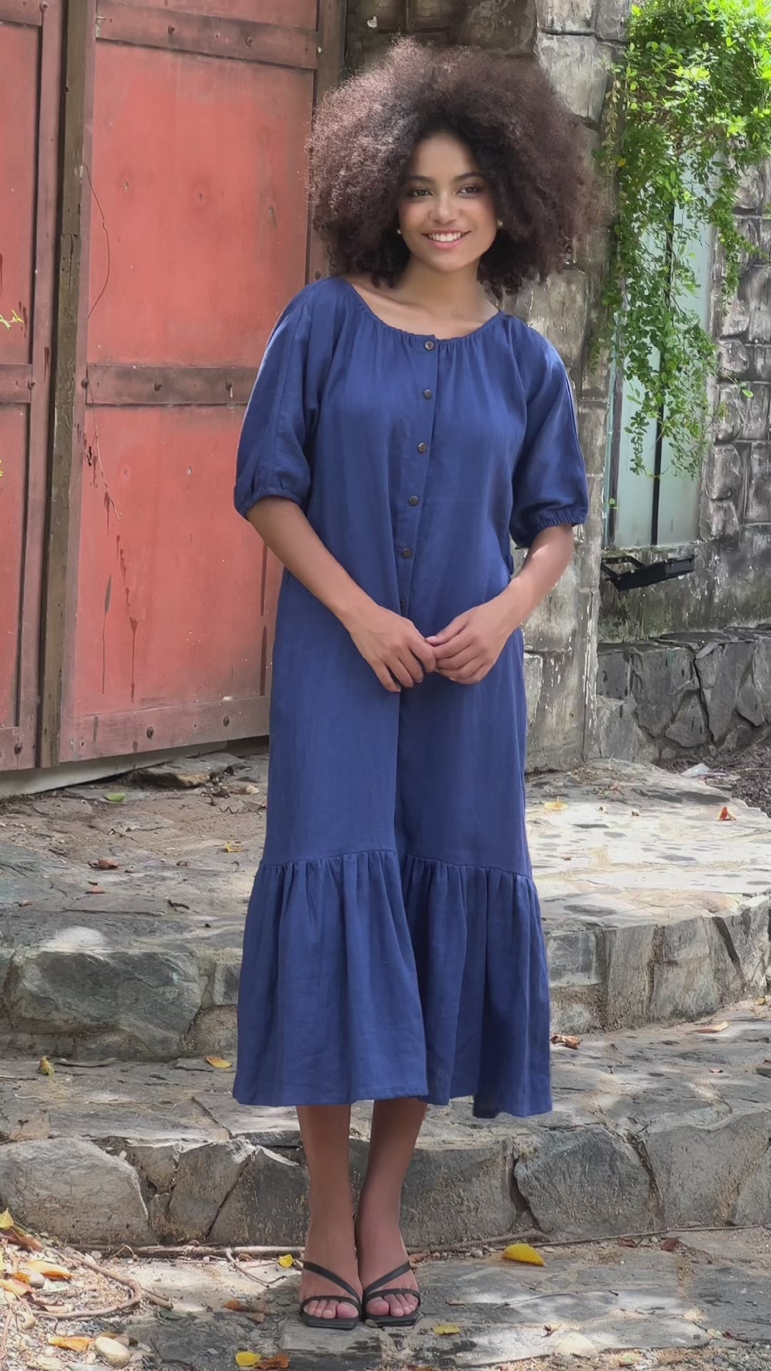 Puff sleeve linen midi dress