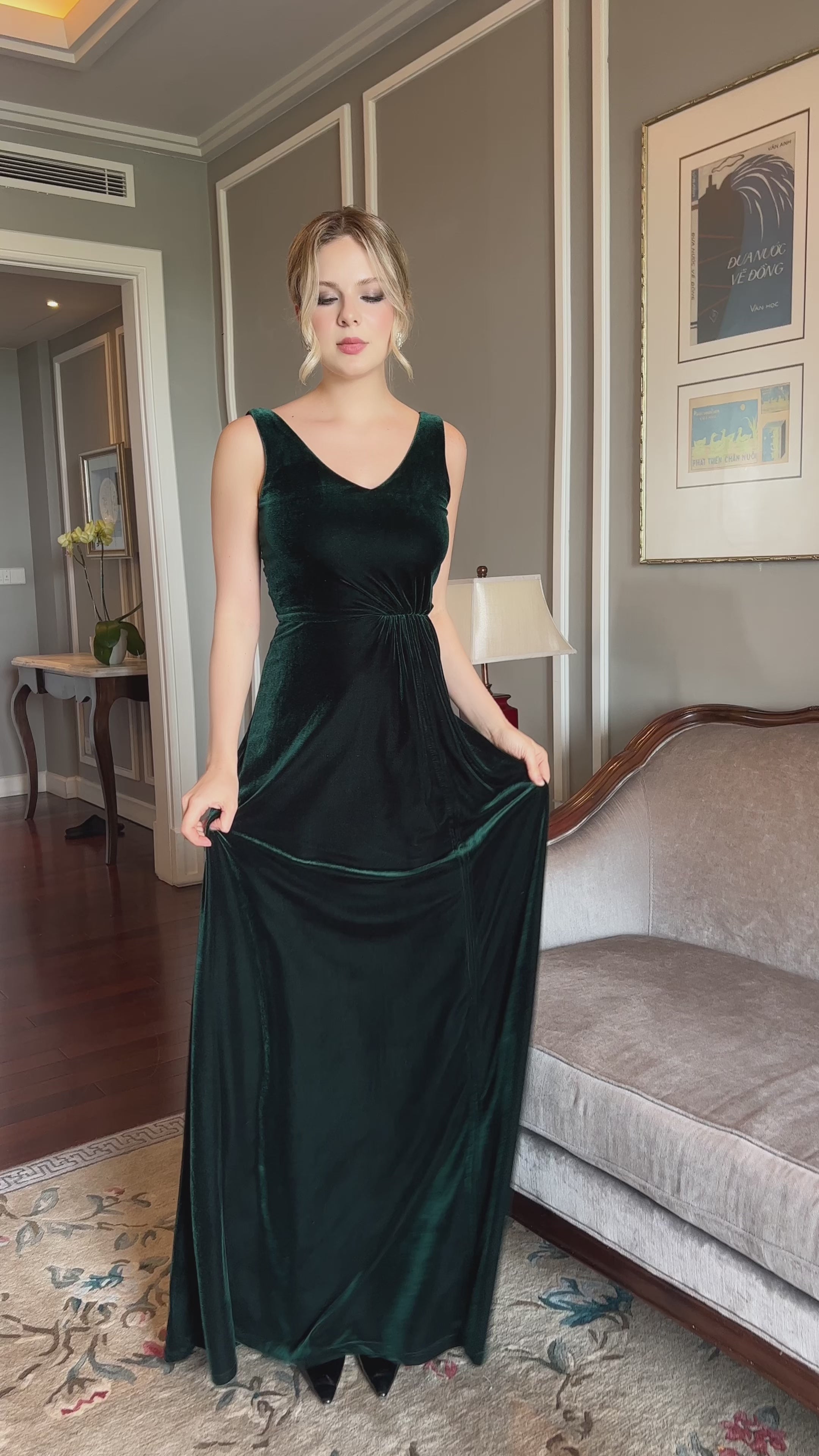 Emerald green velvet evening gown