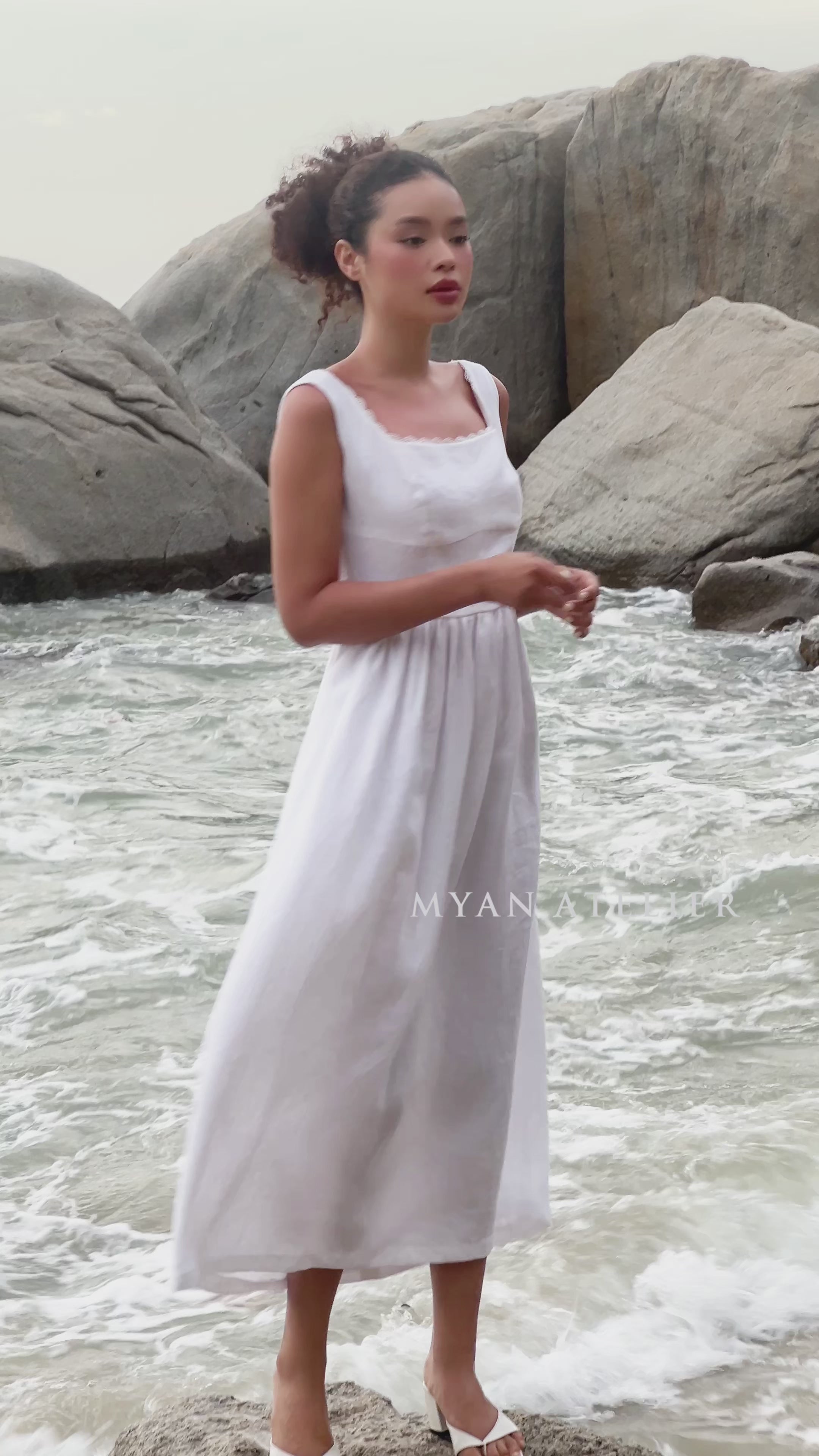 Lace trim square neck linen dress