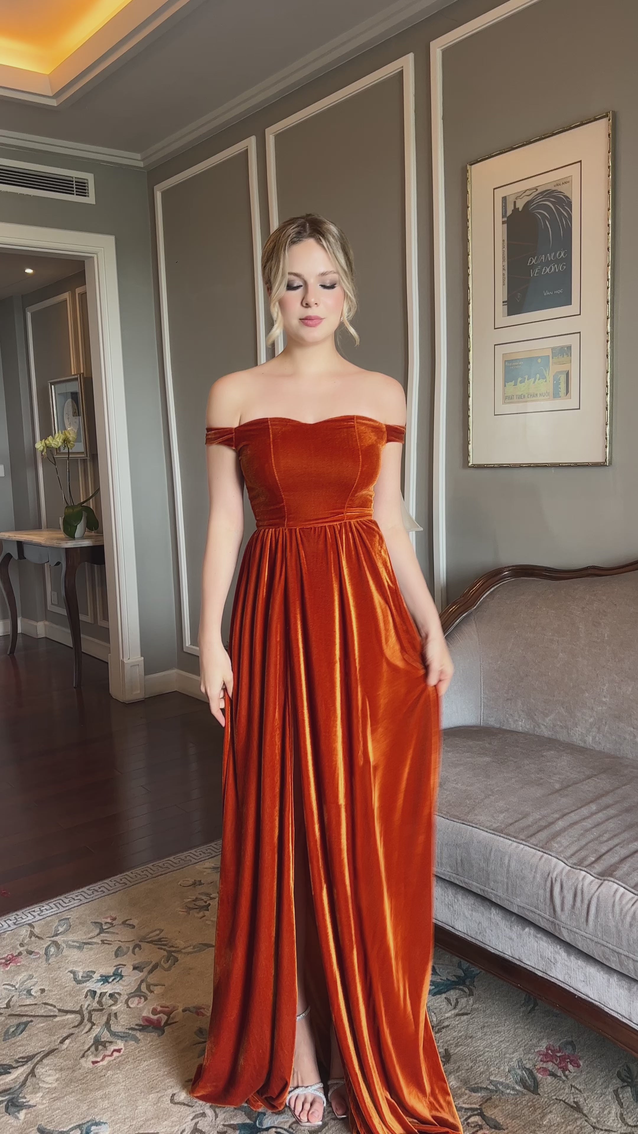 Off shoulder velvet evening dress