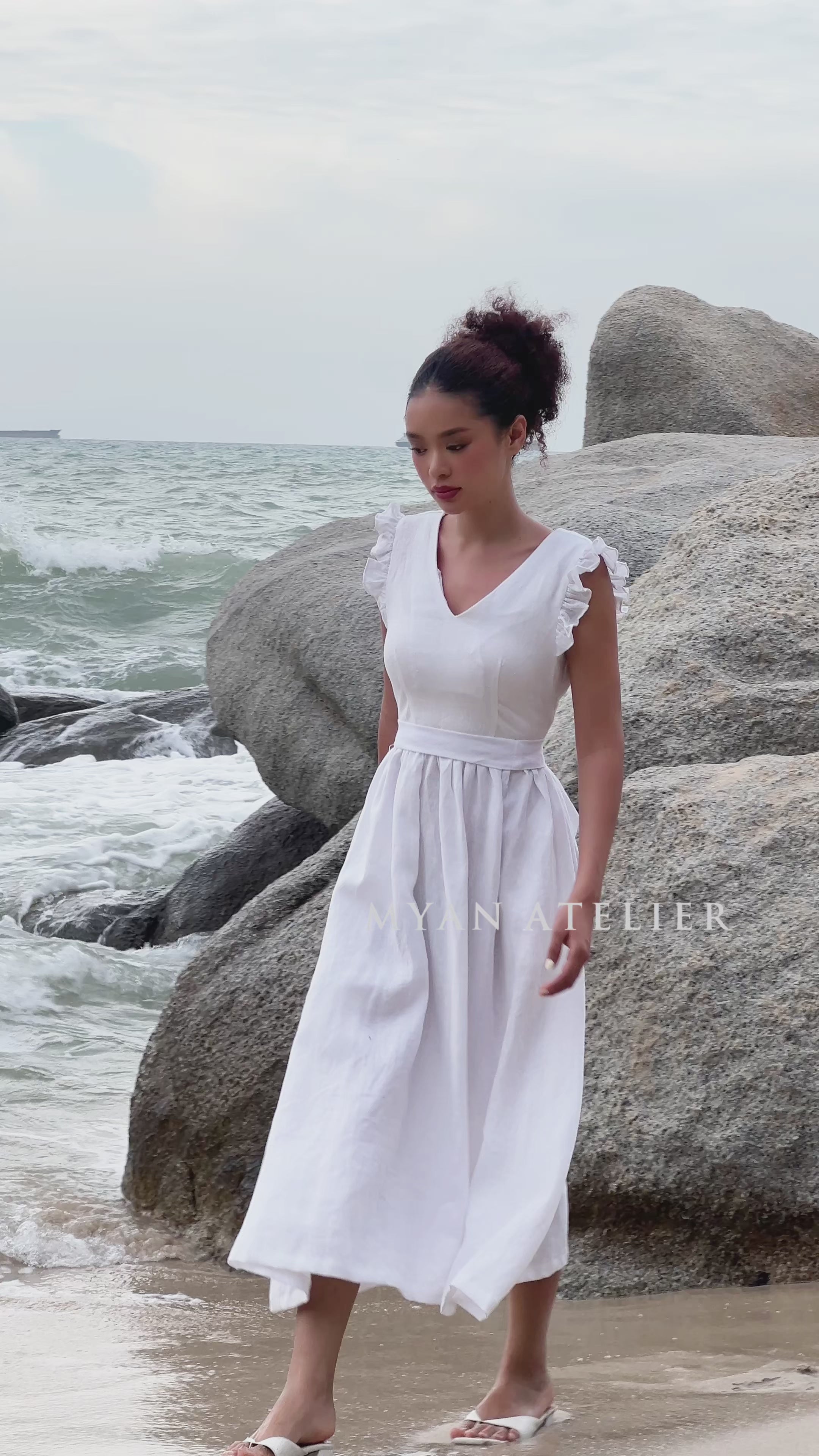 White ruffle linen midi dress