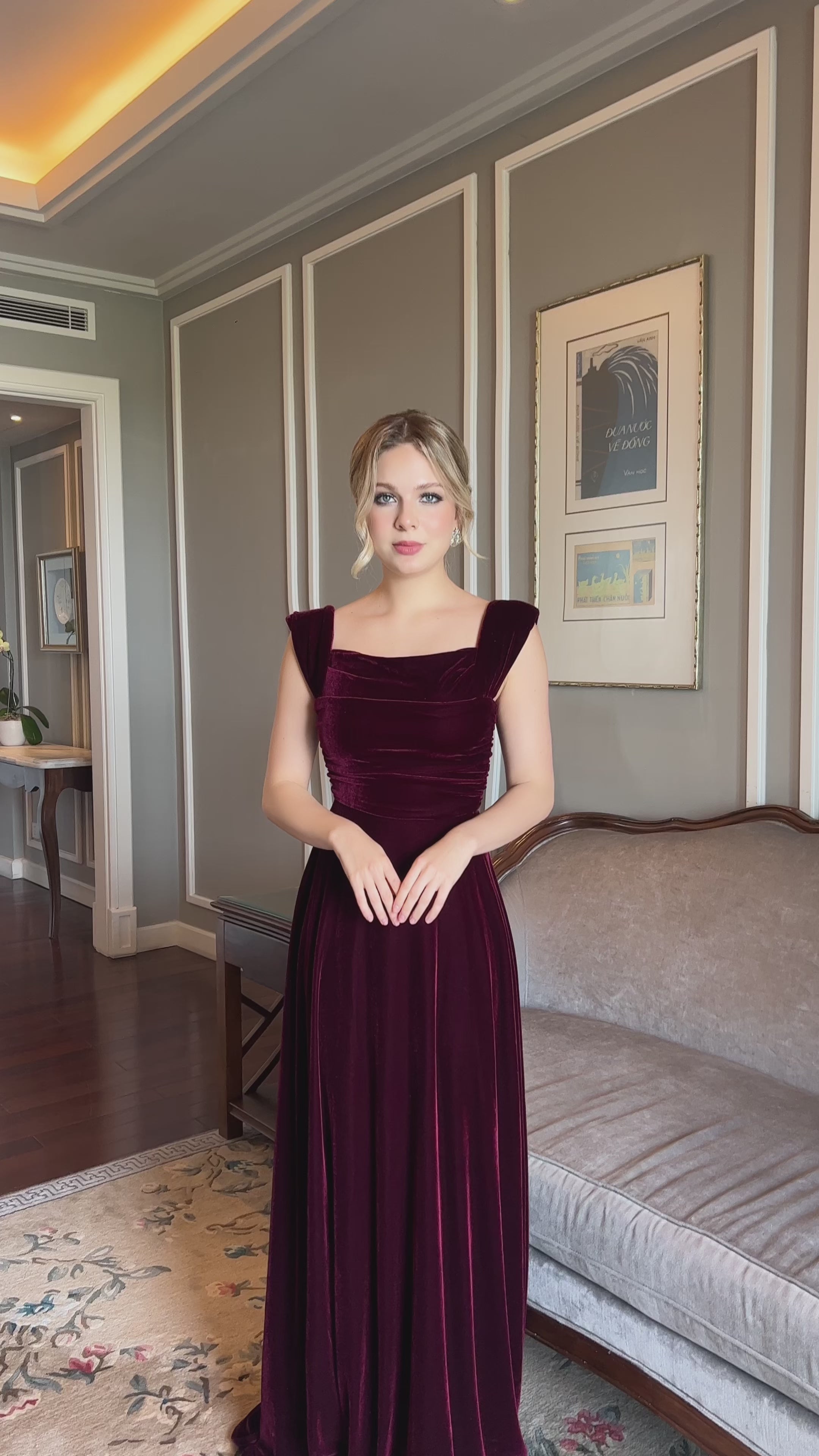 Square neck velvet evening gown