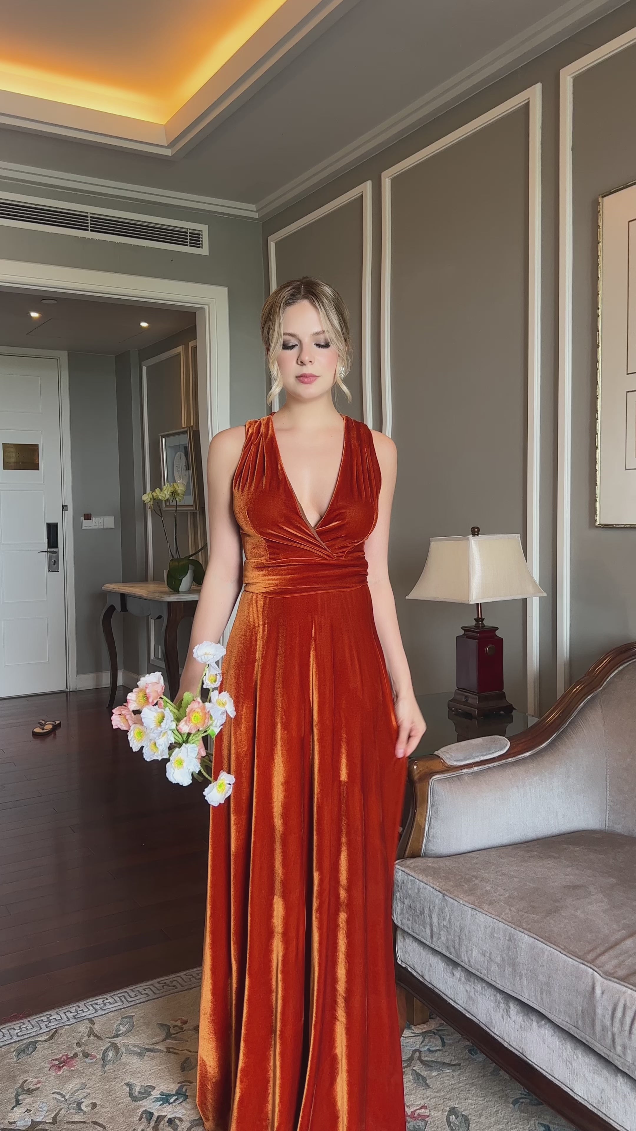 Deep V-neck velvet maxi dress