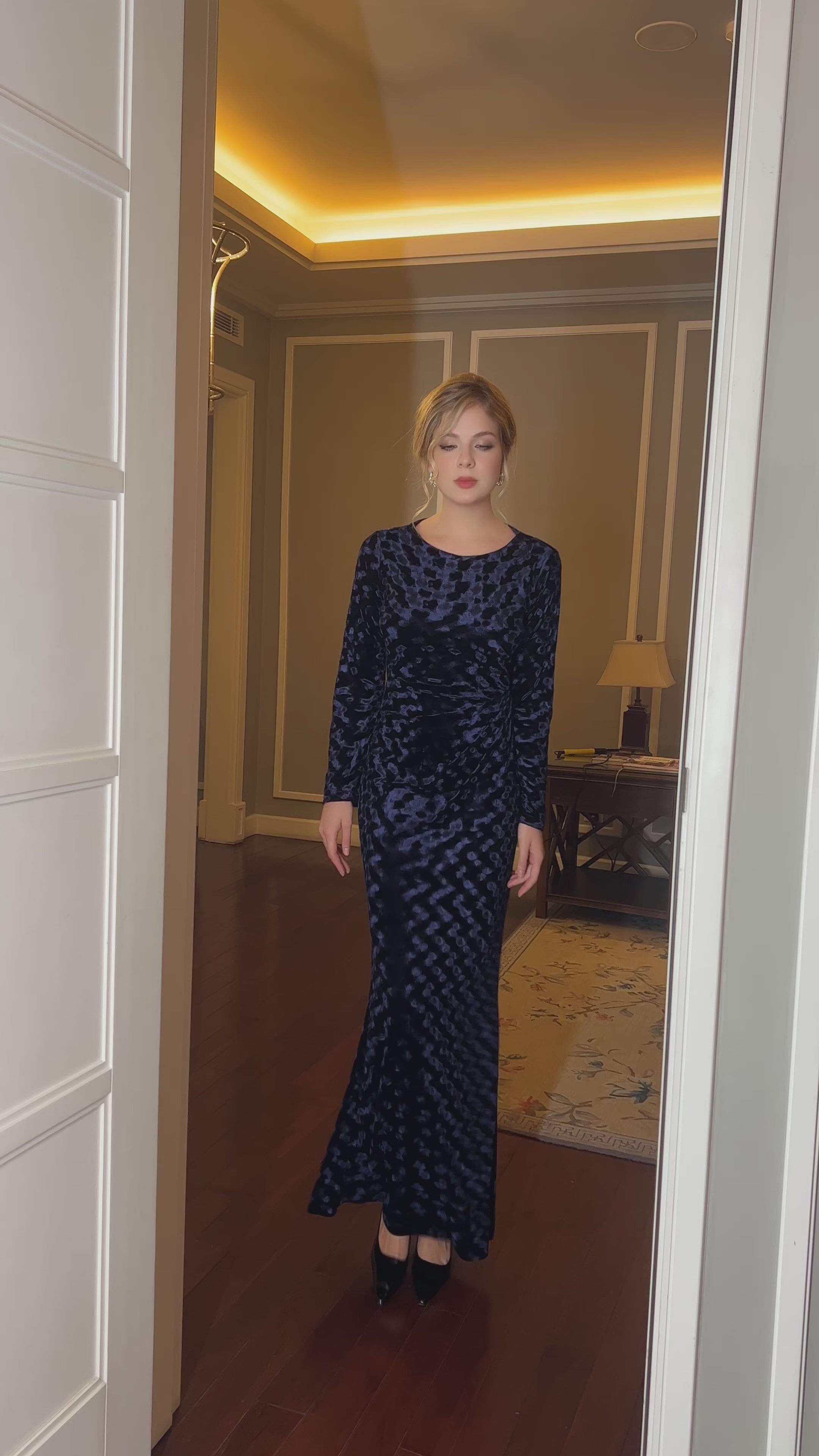 black velvet long sleeve evening dress