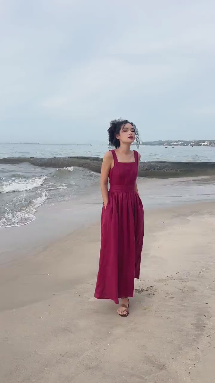 Square neck linen maxi dress