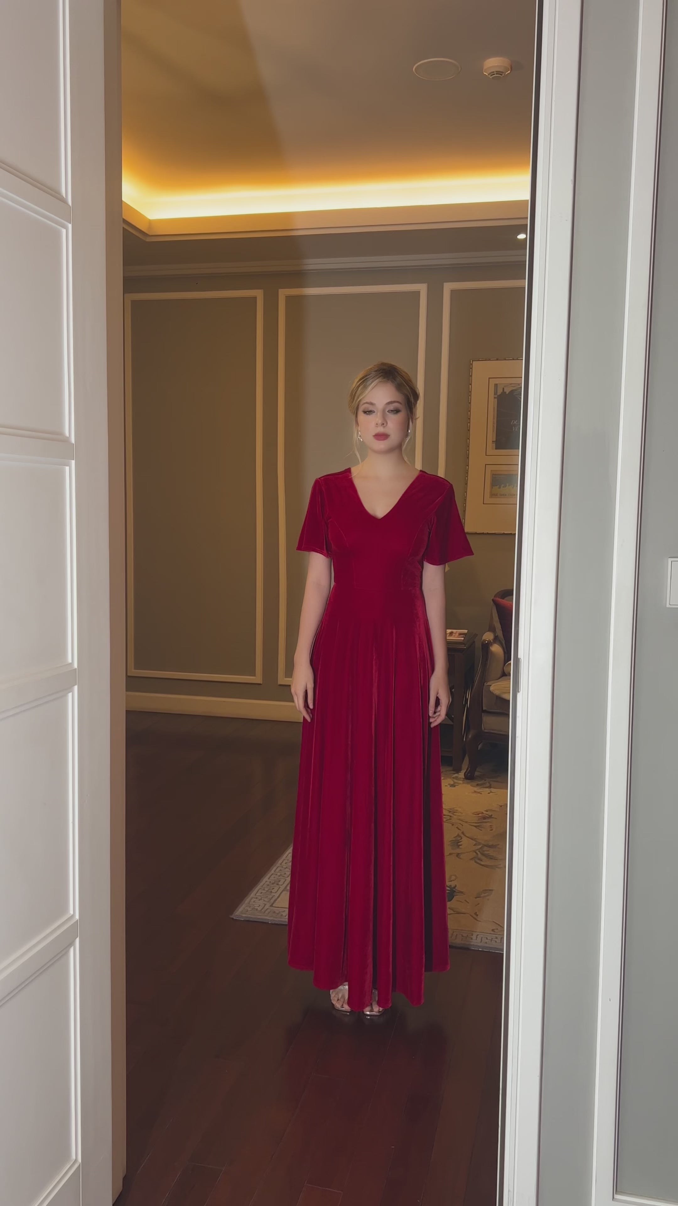 short sleeve velvet holiday gown