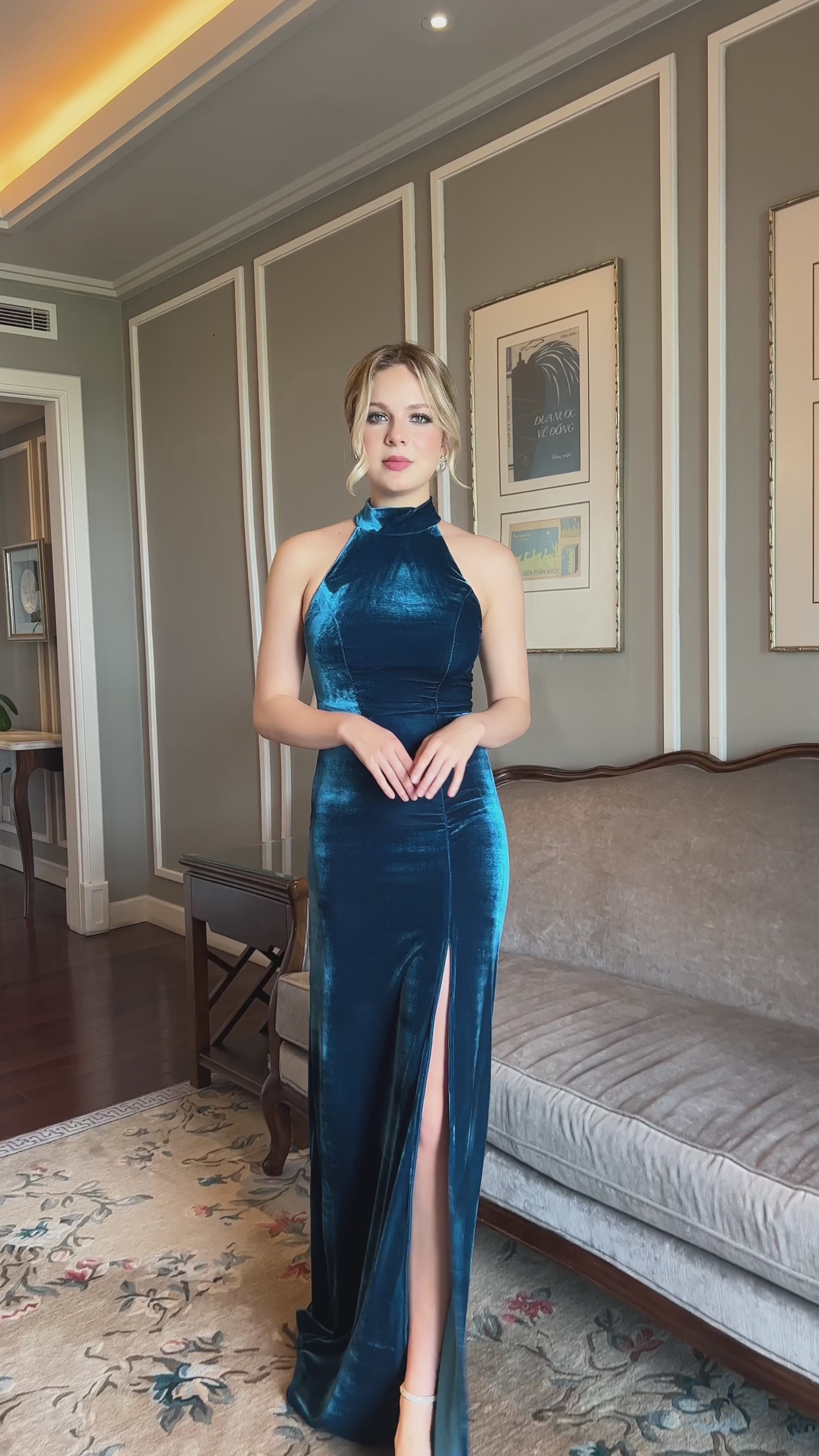 blue velvet halter neck dress
