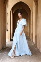 Blue puff sleeve linen maxi dress