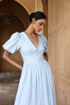 Blue puff sleeve linen maxi dress