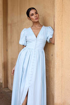 Blue puff sleeve linen maxi dress