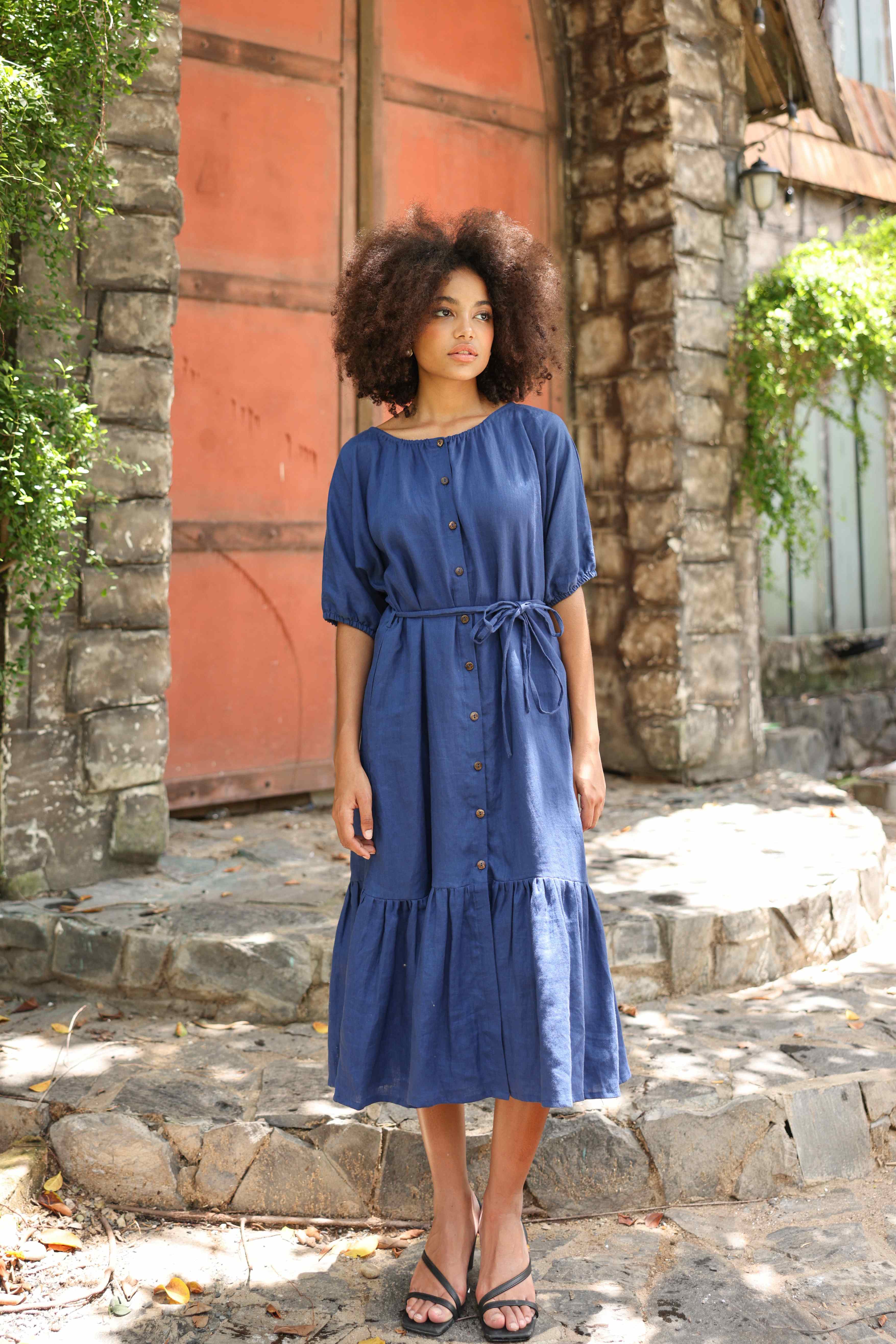 Puff sleeve linen midi dress