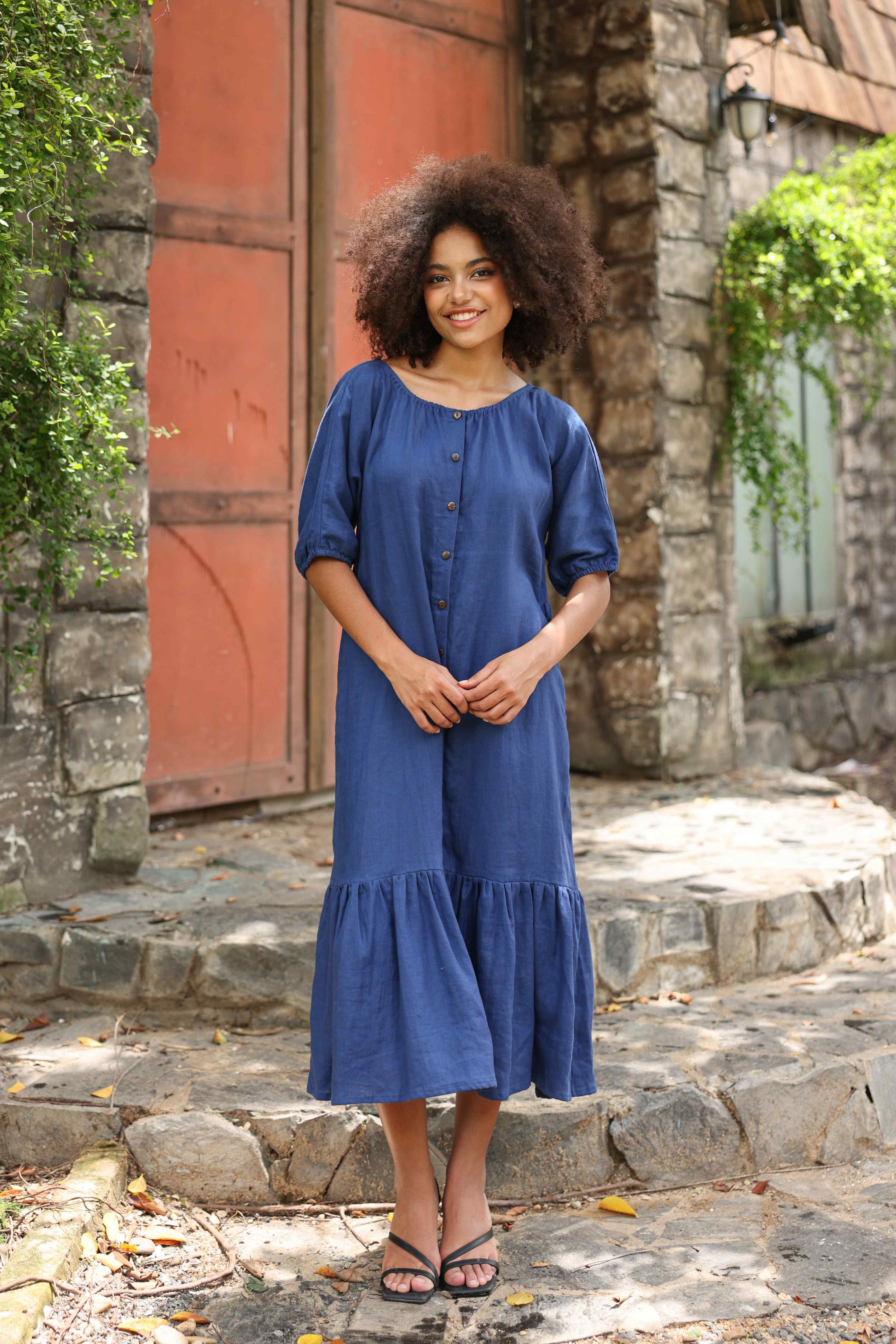 Puff sleeve linen midi dress