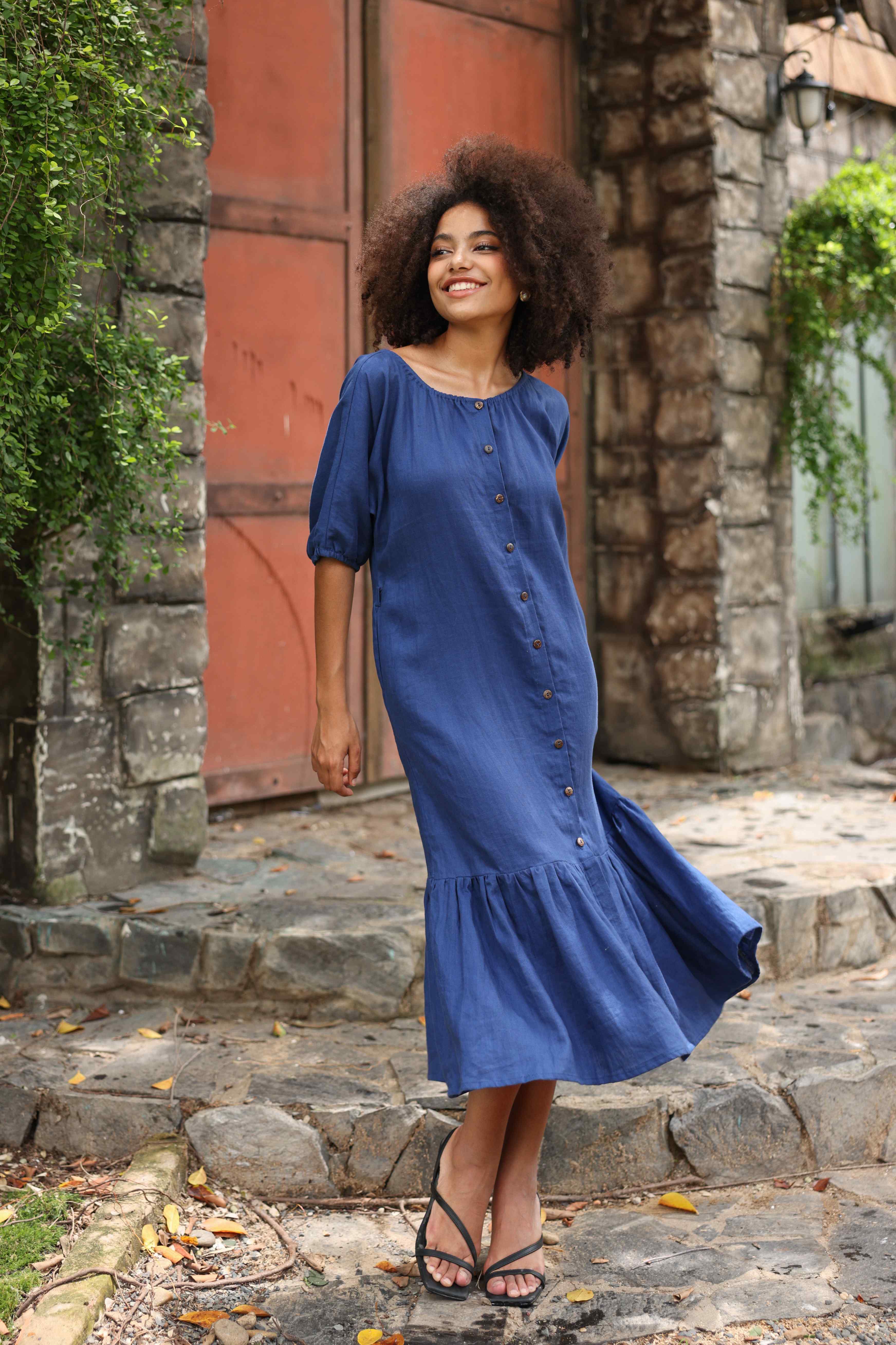 Puff sleeve linen midi dress