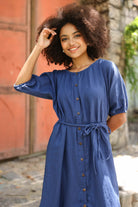 Puff sleeve linen midi dress