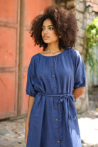 Puff sleeve linen midi dress