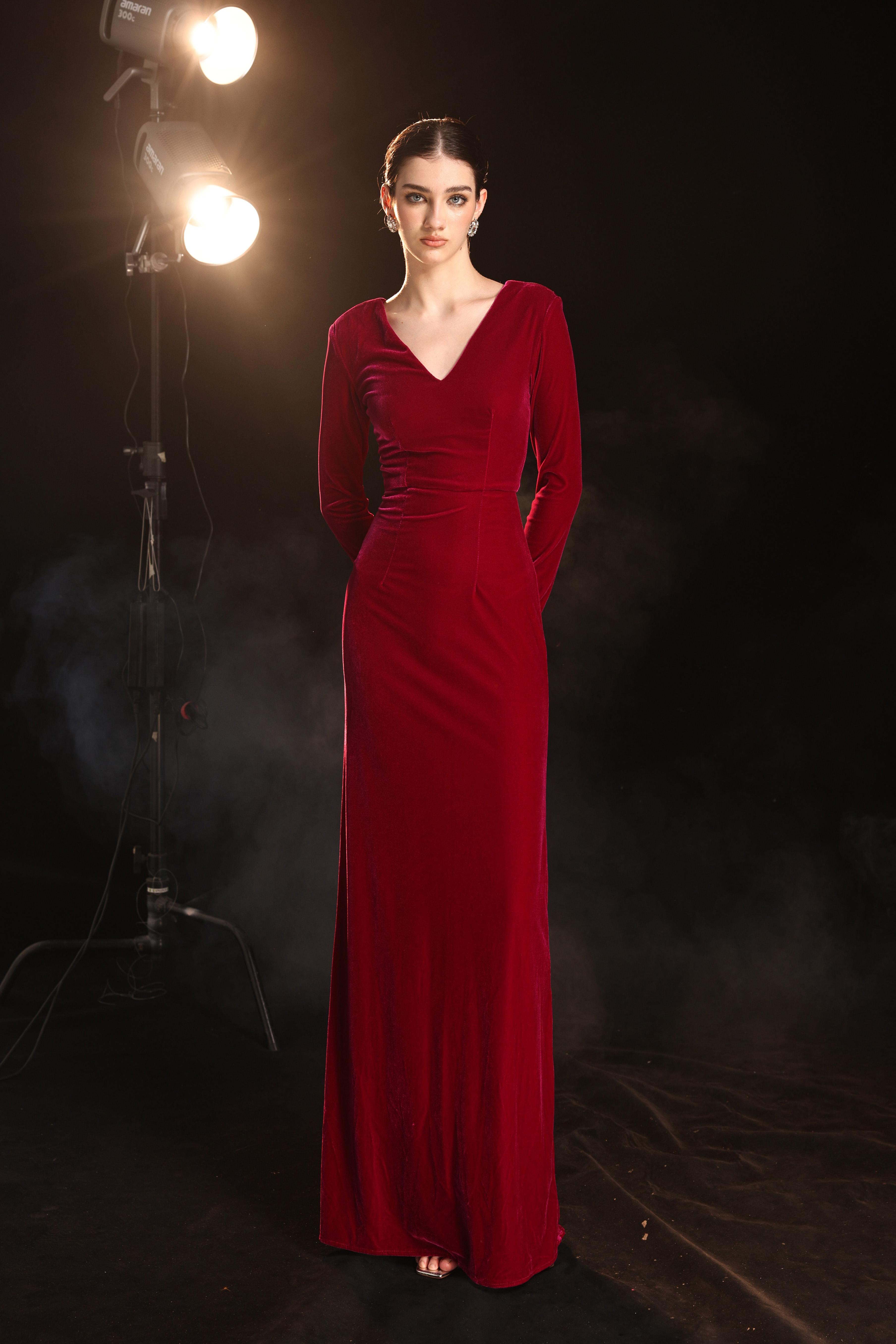 Red velvet evening gown