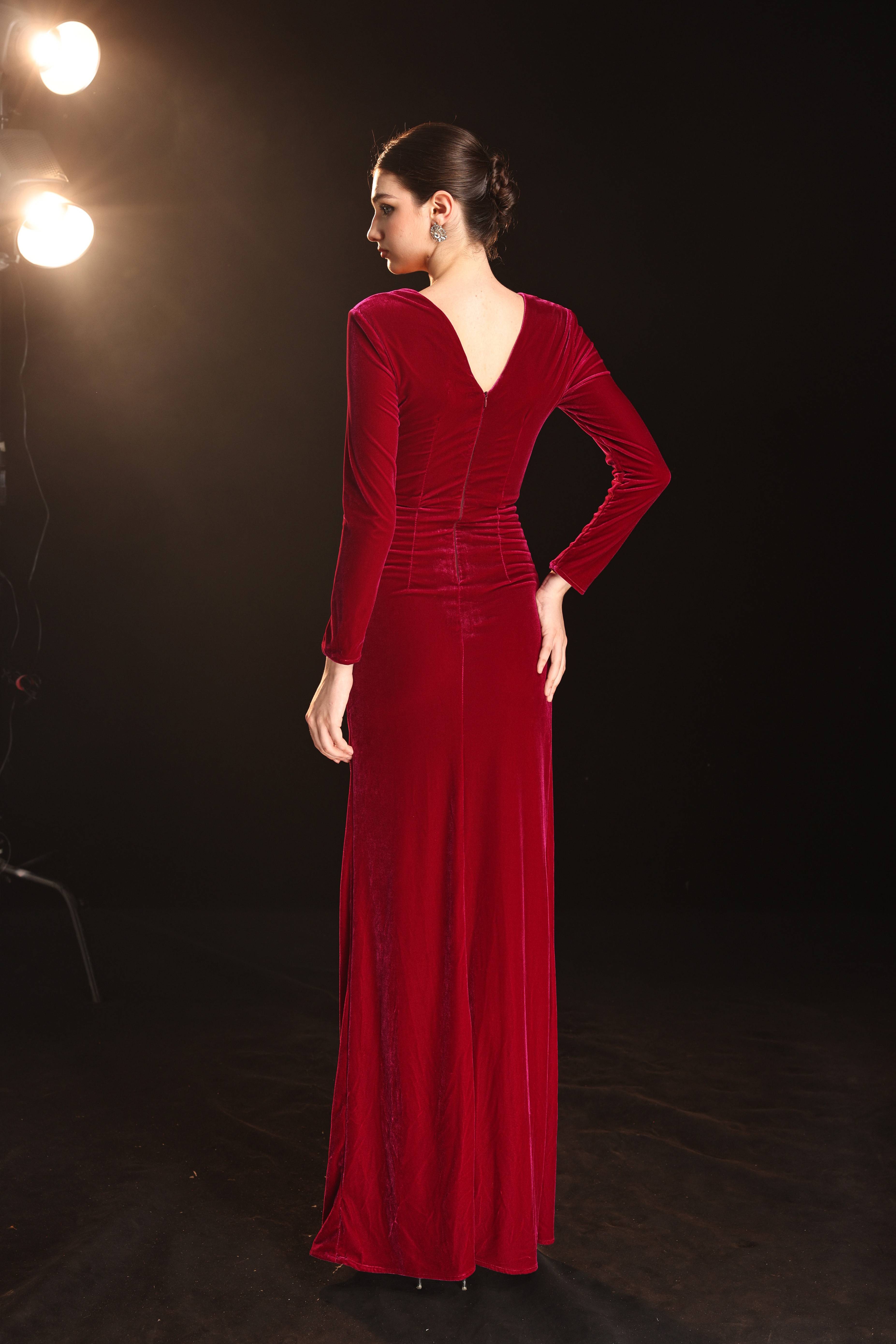 Red velvet evening gown