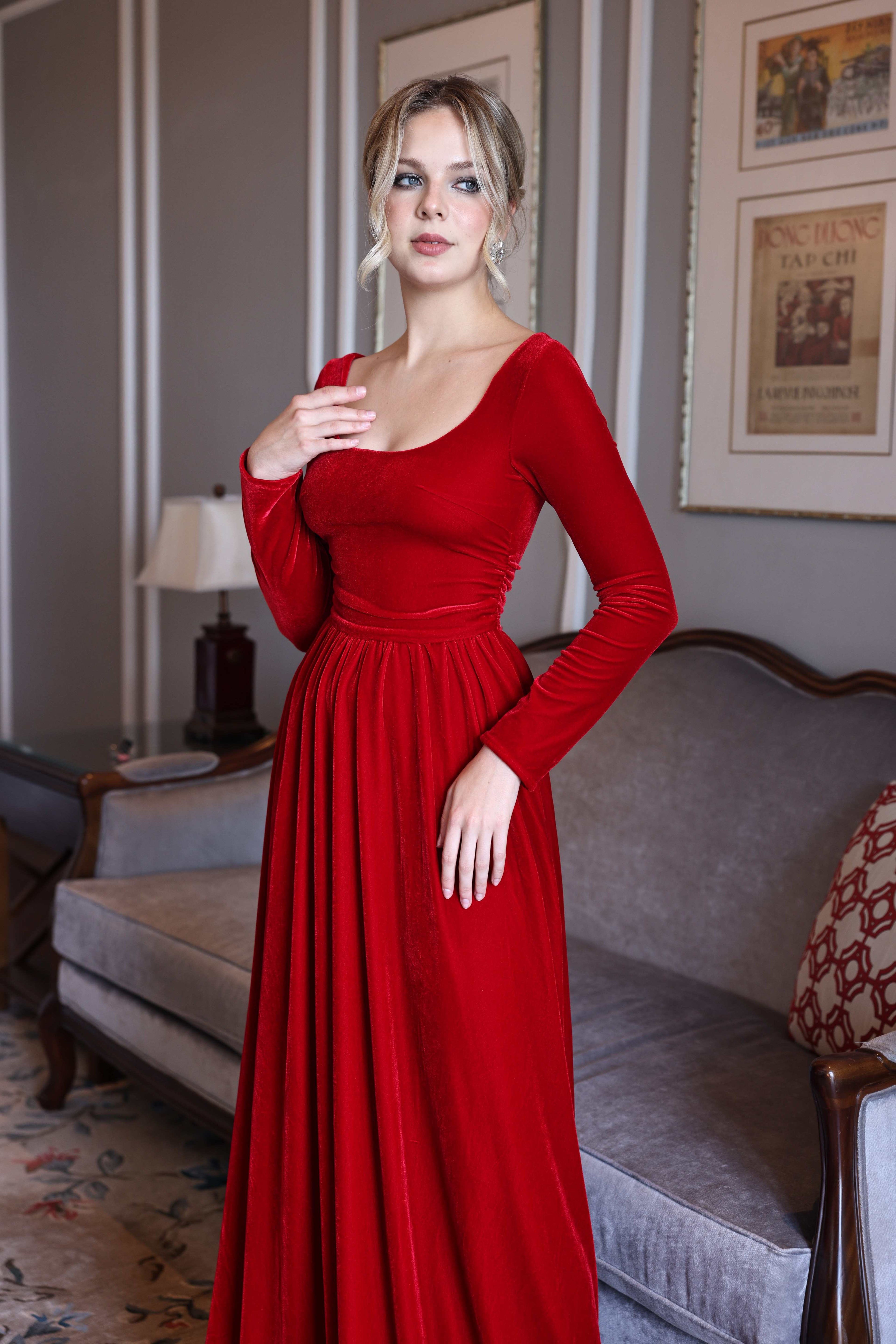 Red velvet maxi dress