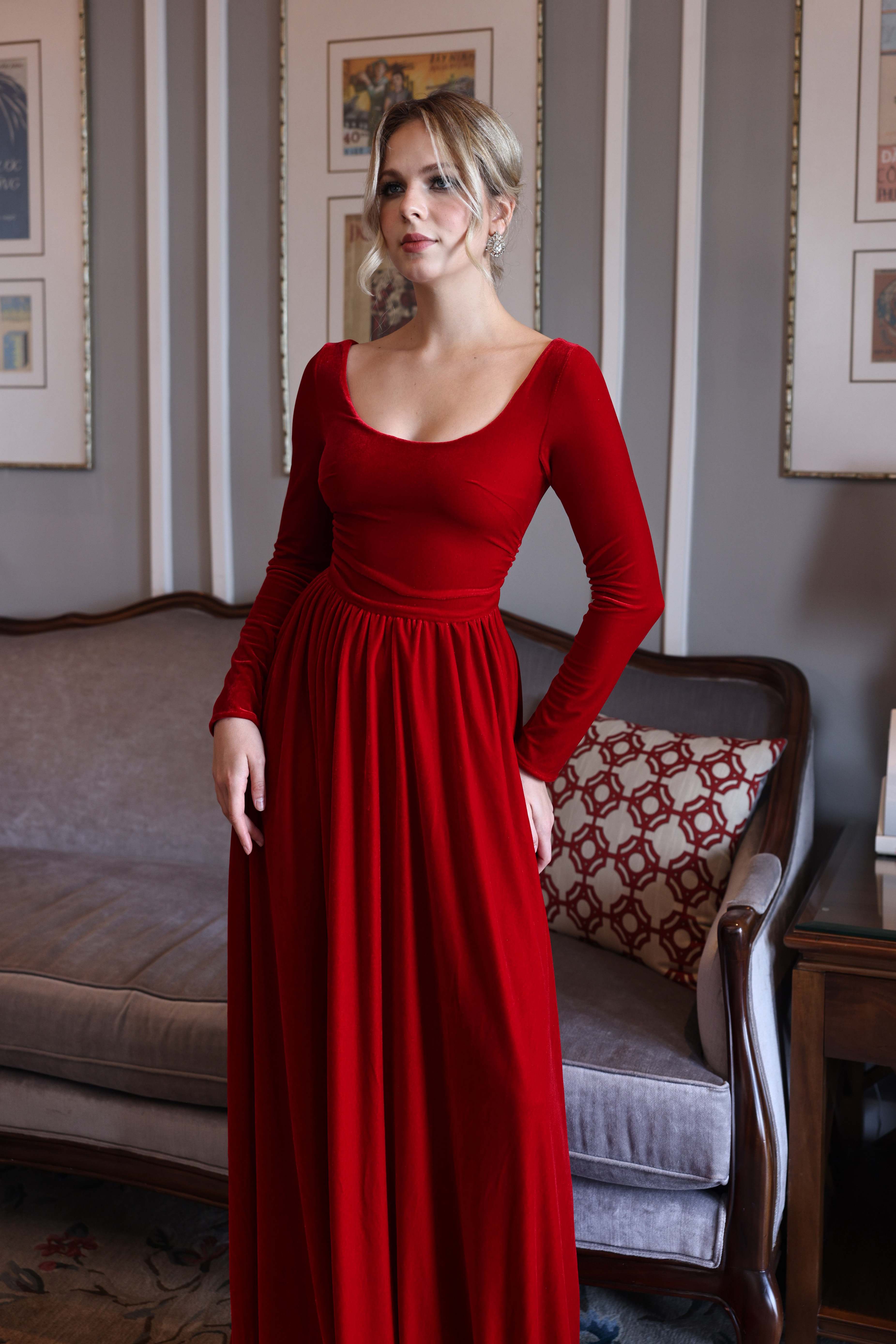 Red velvet maxi dress