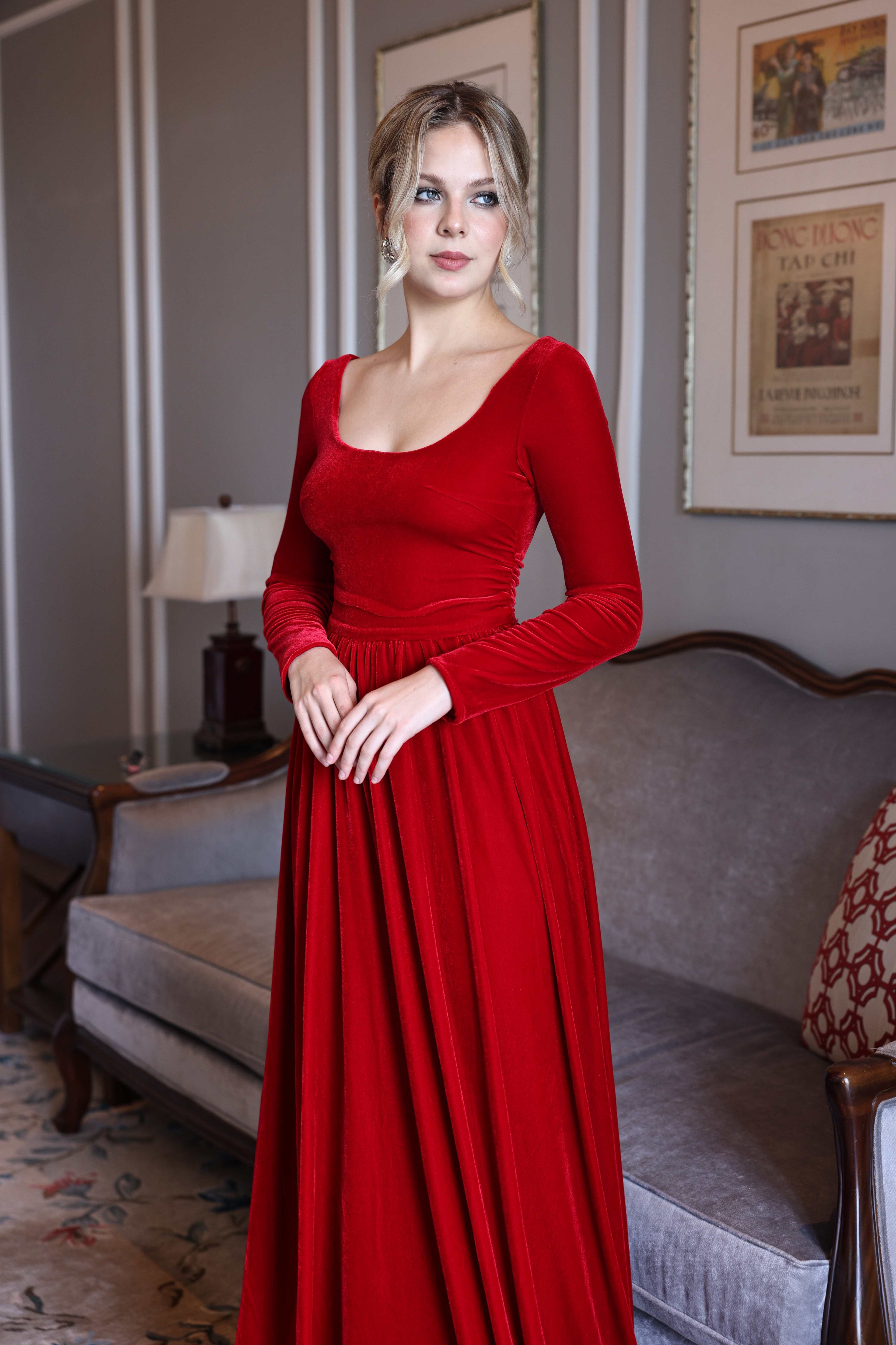 Red velvet maxi dress
