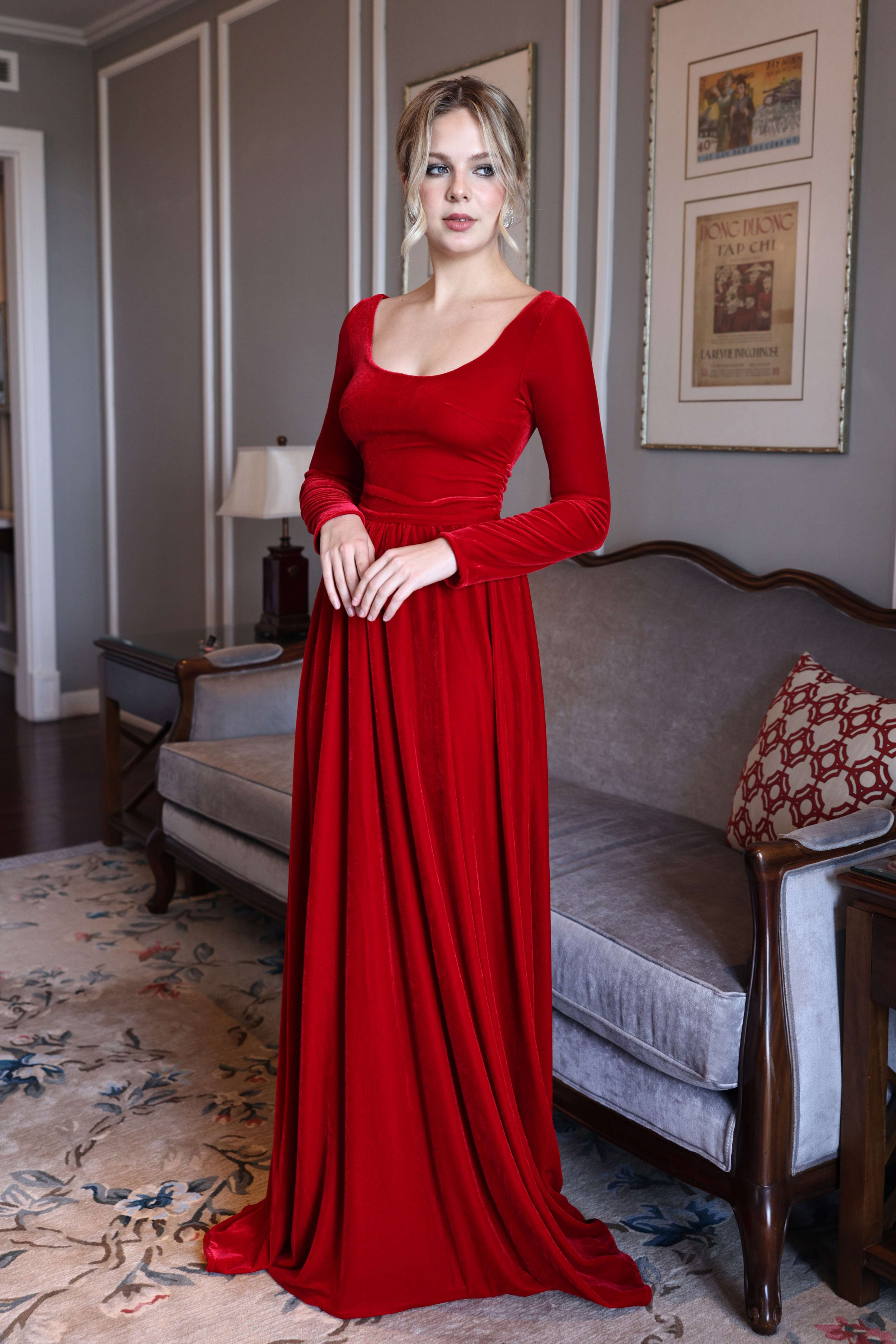 Red velvet maxi dress
