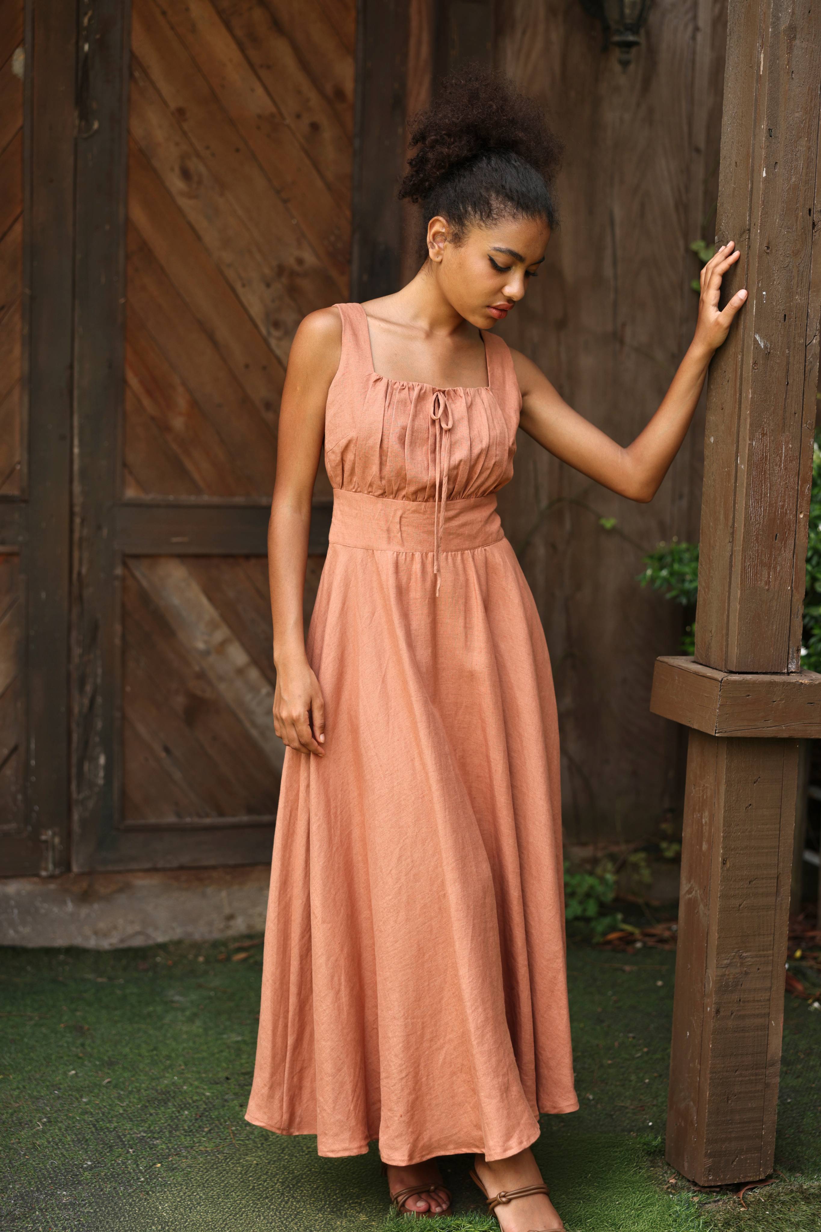 Ruched bodice linen maxi dress