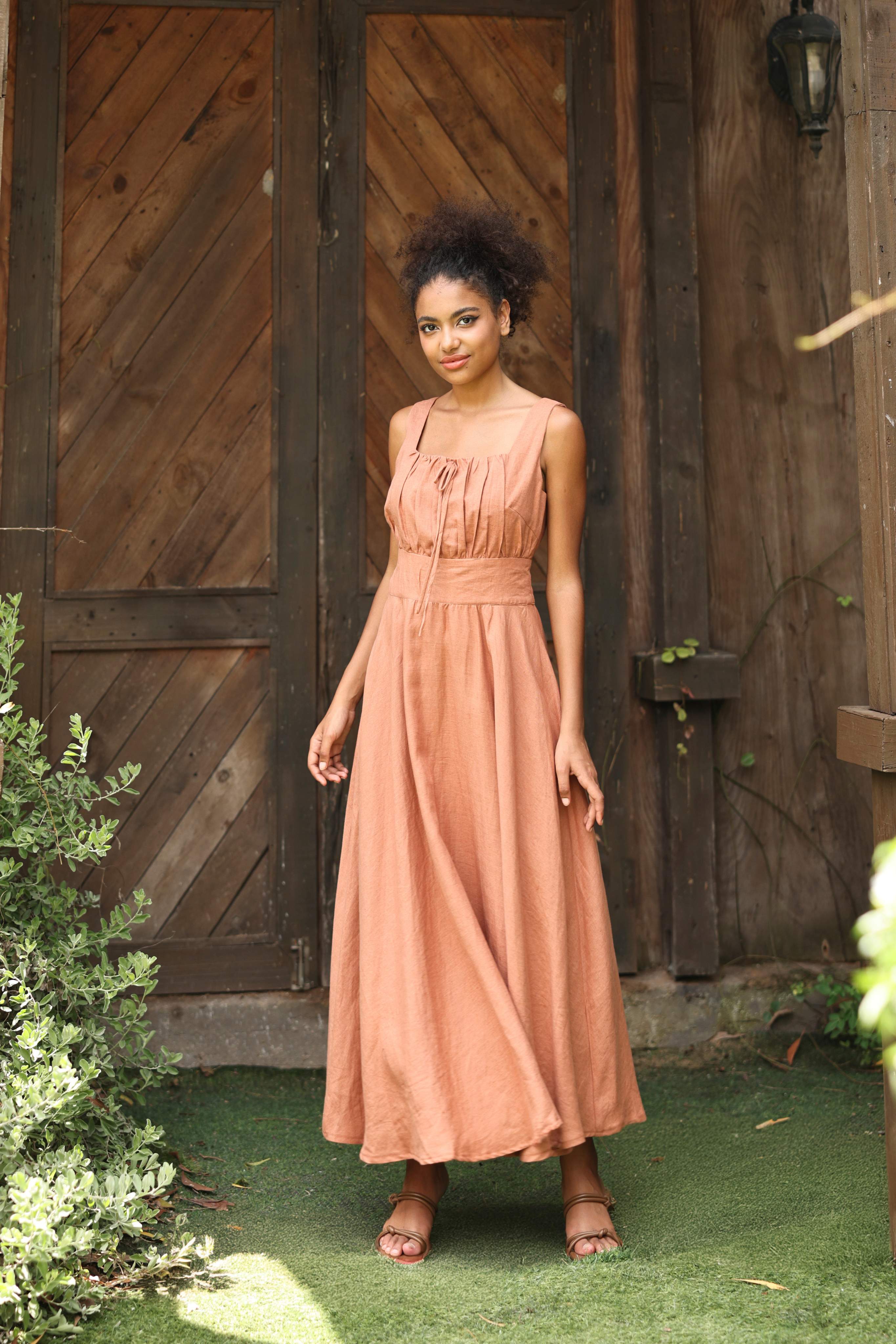 Ruched bodice linen maxi dress