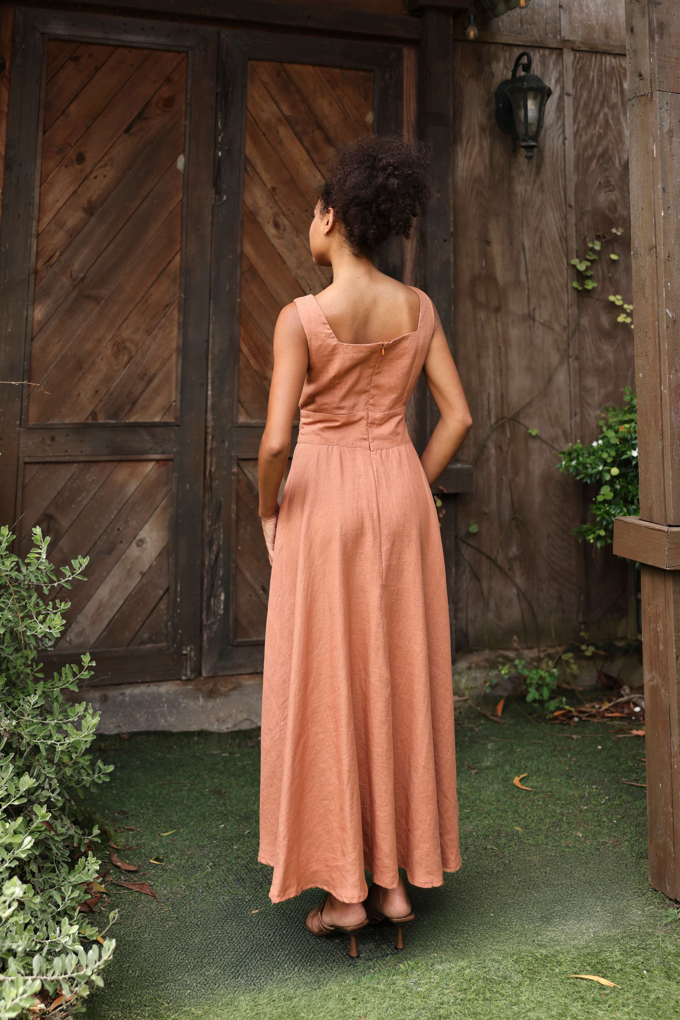 Ruched bodice linen maxi dress