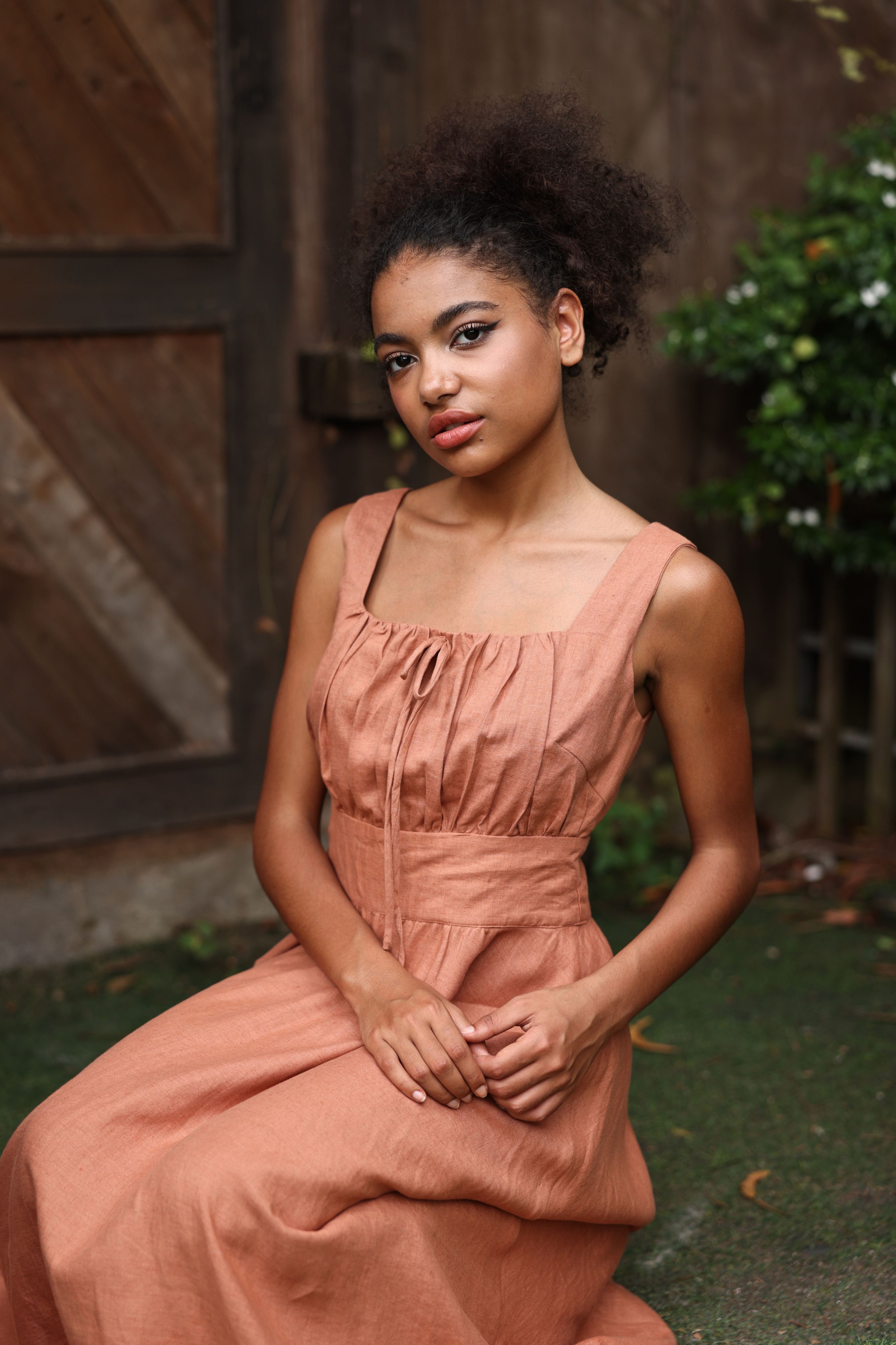 Ruched bodice linen maxi dress