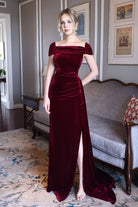 Ruched sleeve velvet gown