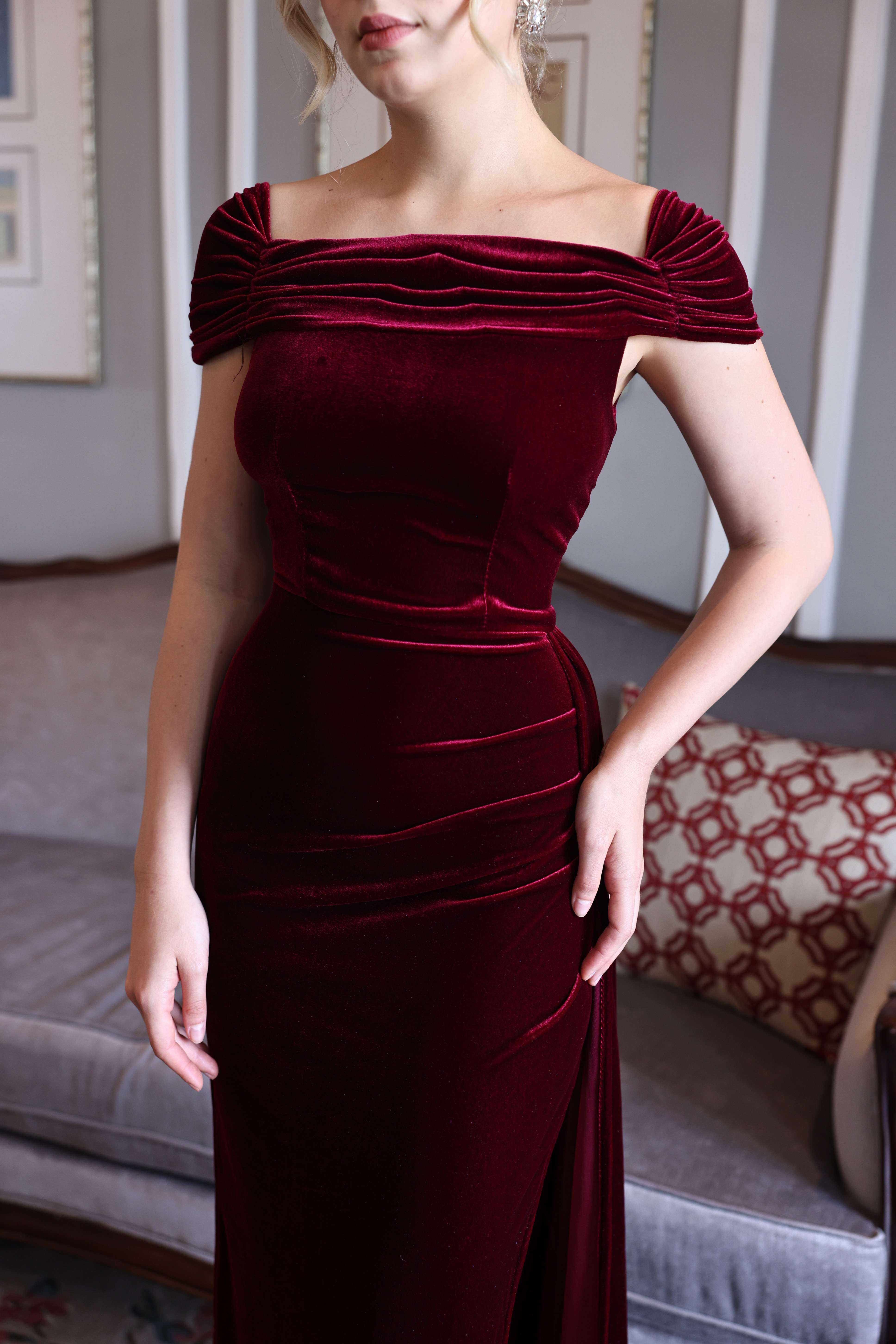 Ruched sleeve velvet gown