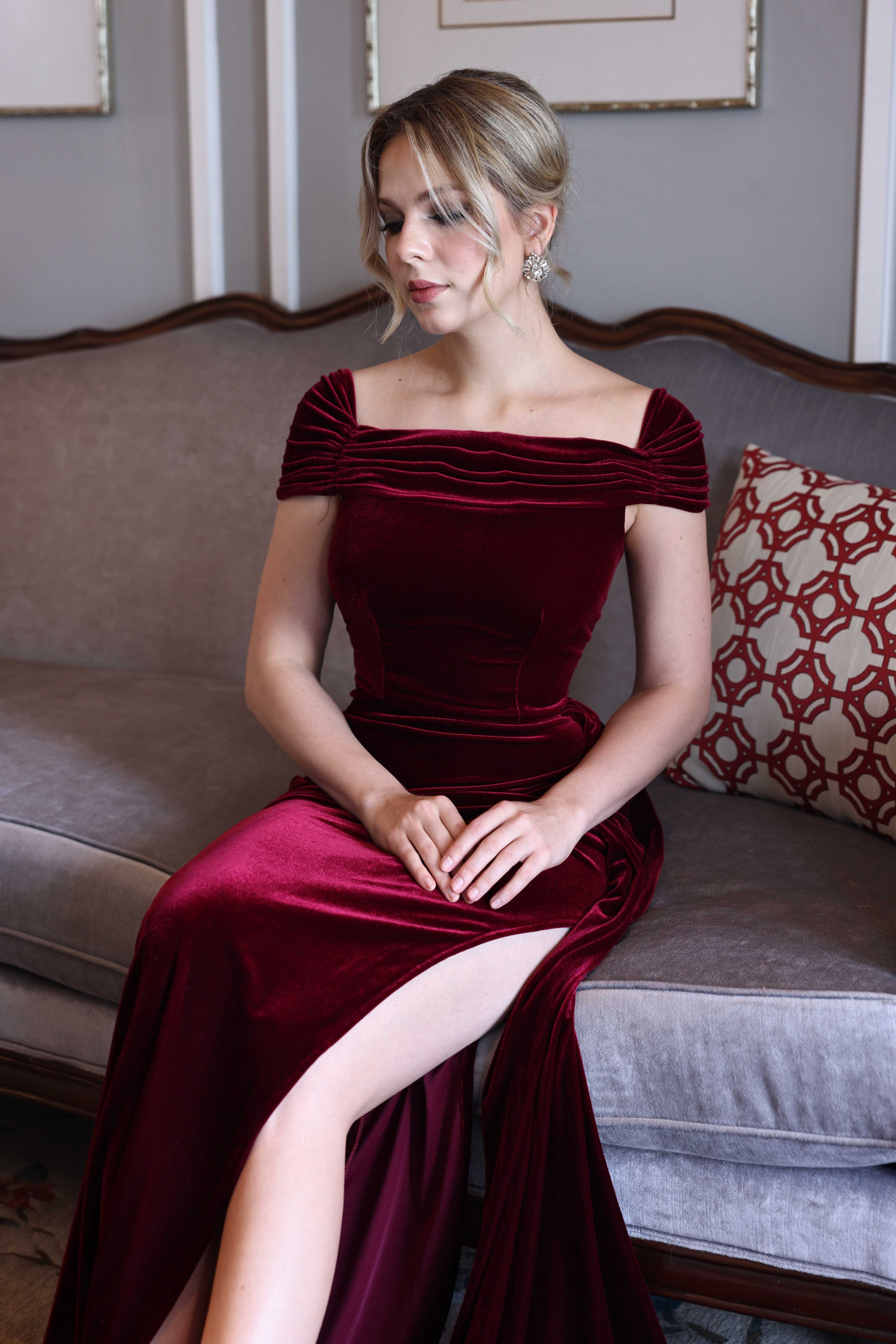 Ruched sleeve velvet gown