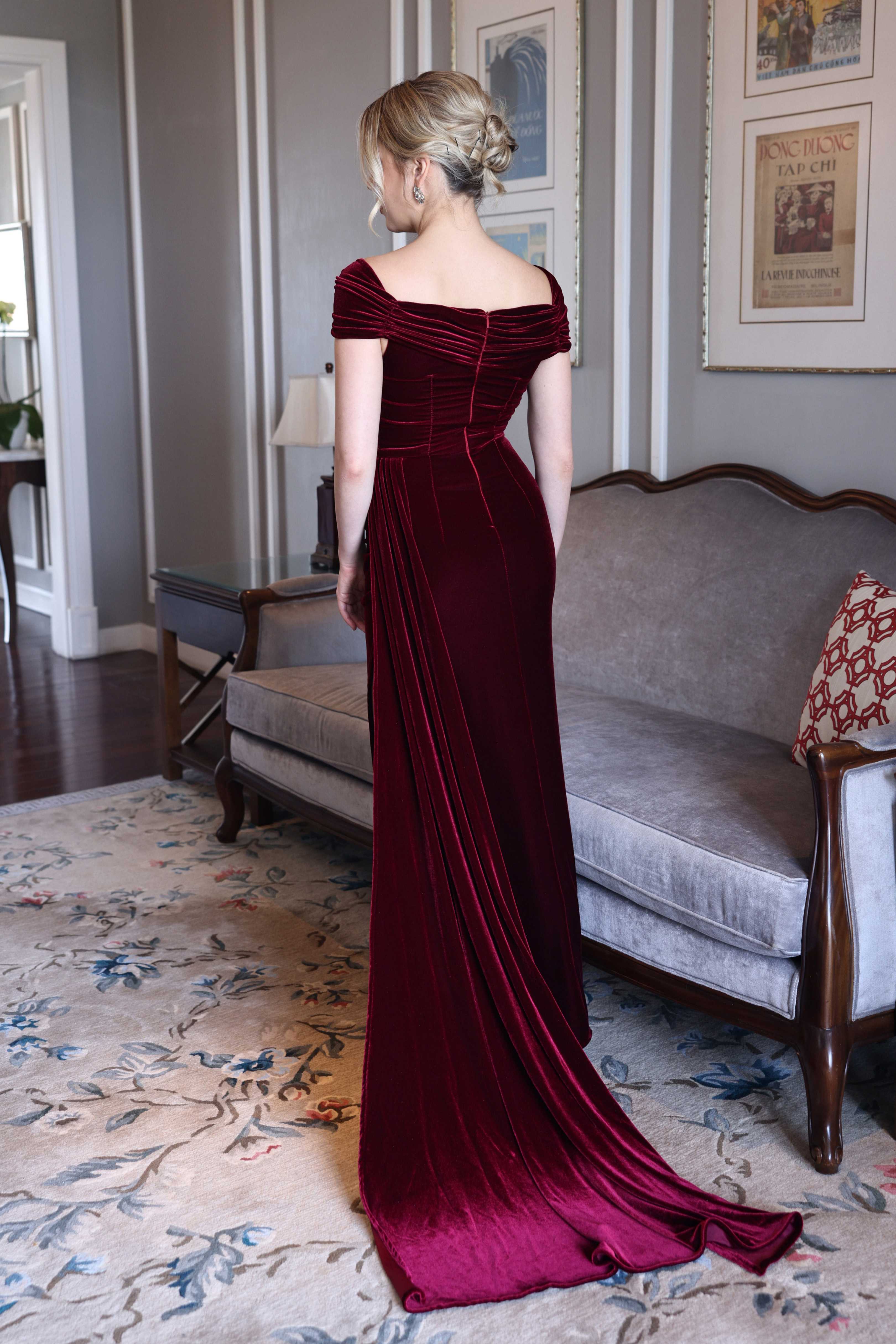 Ruched sleeve velvet gown