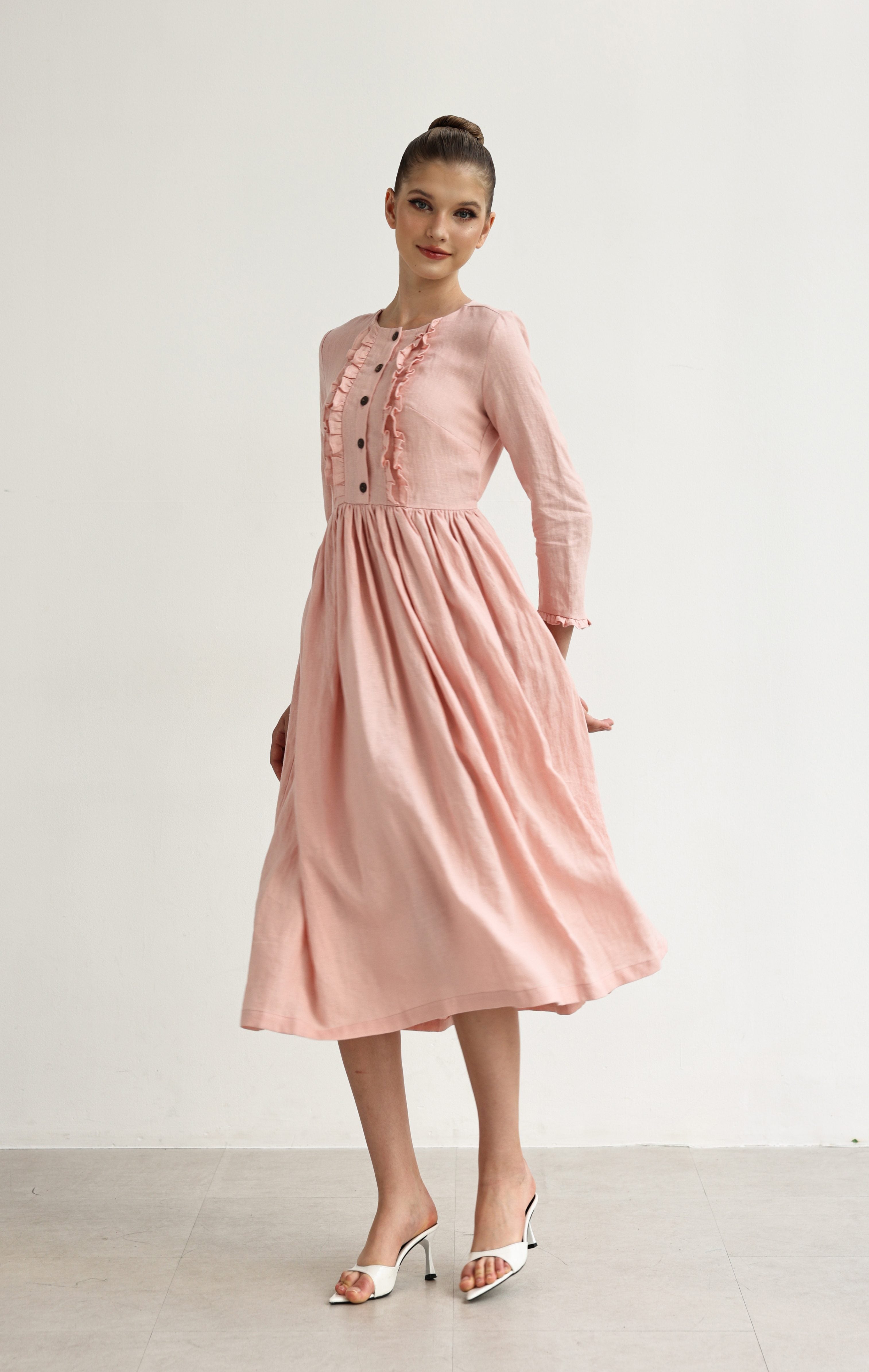 Ruffle front linen dress