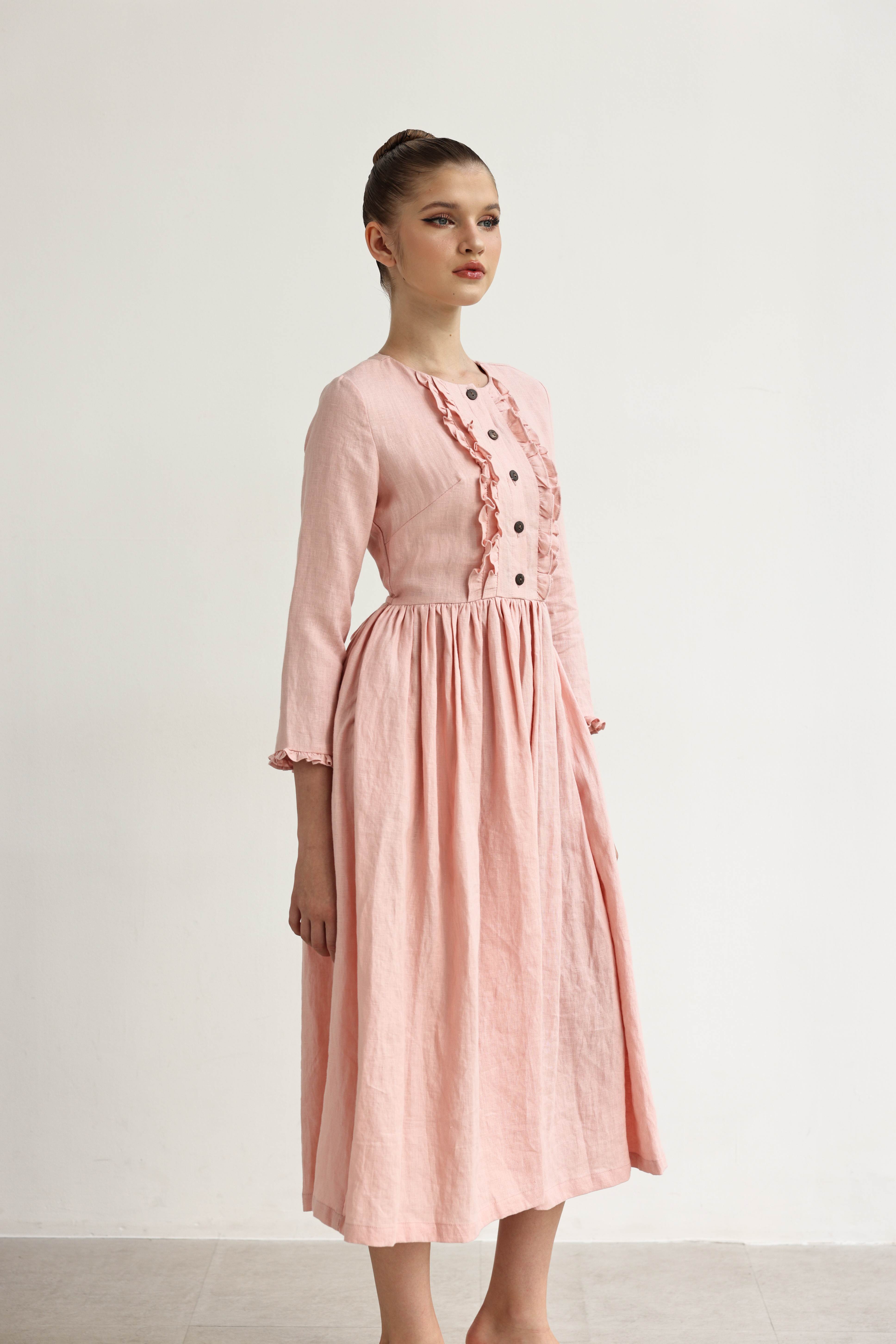 Ruffle front linen dress