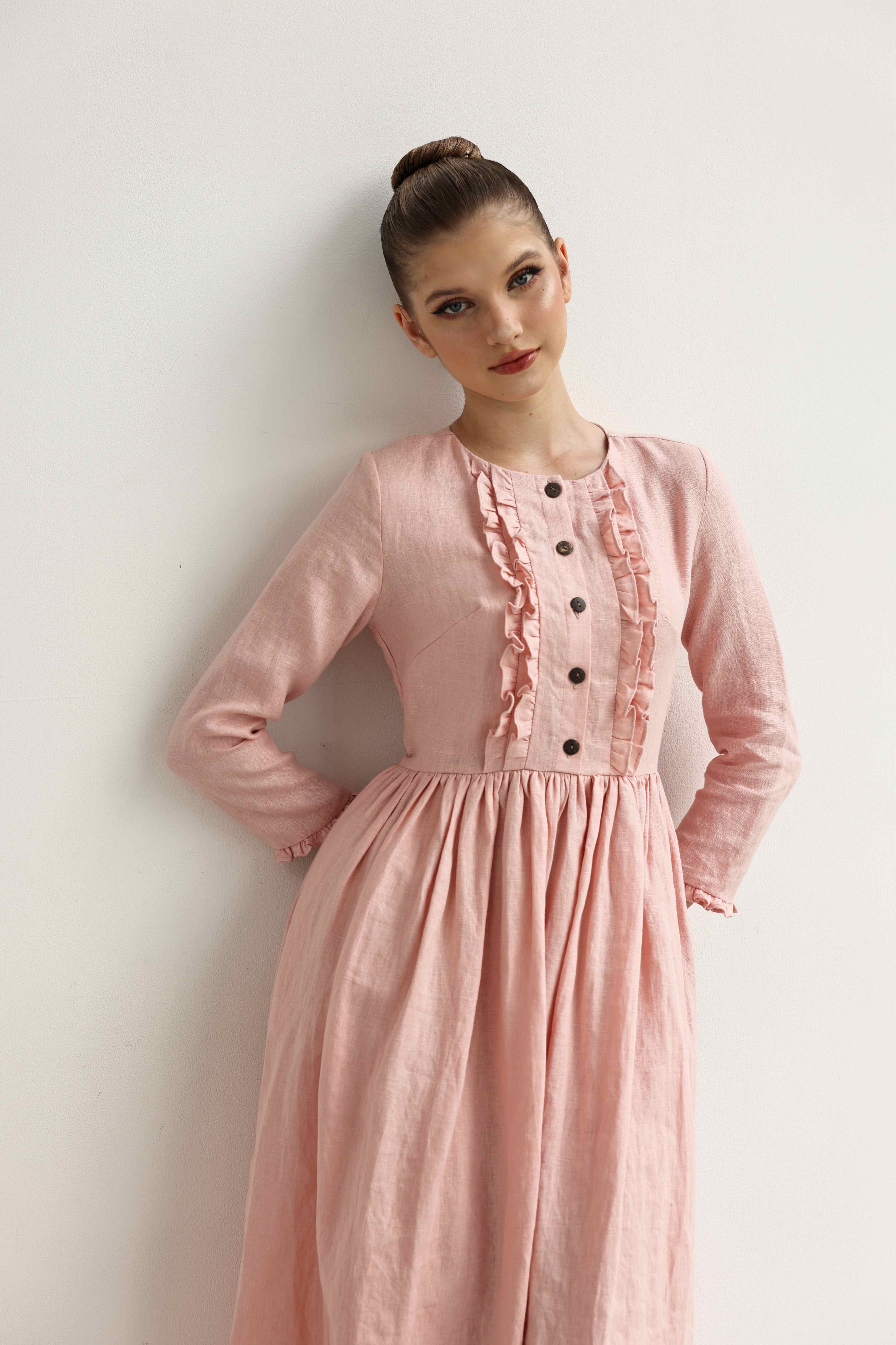 Ruffle front linen dress