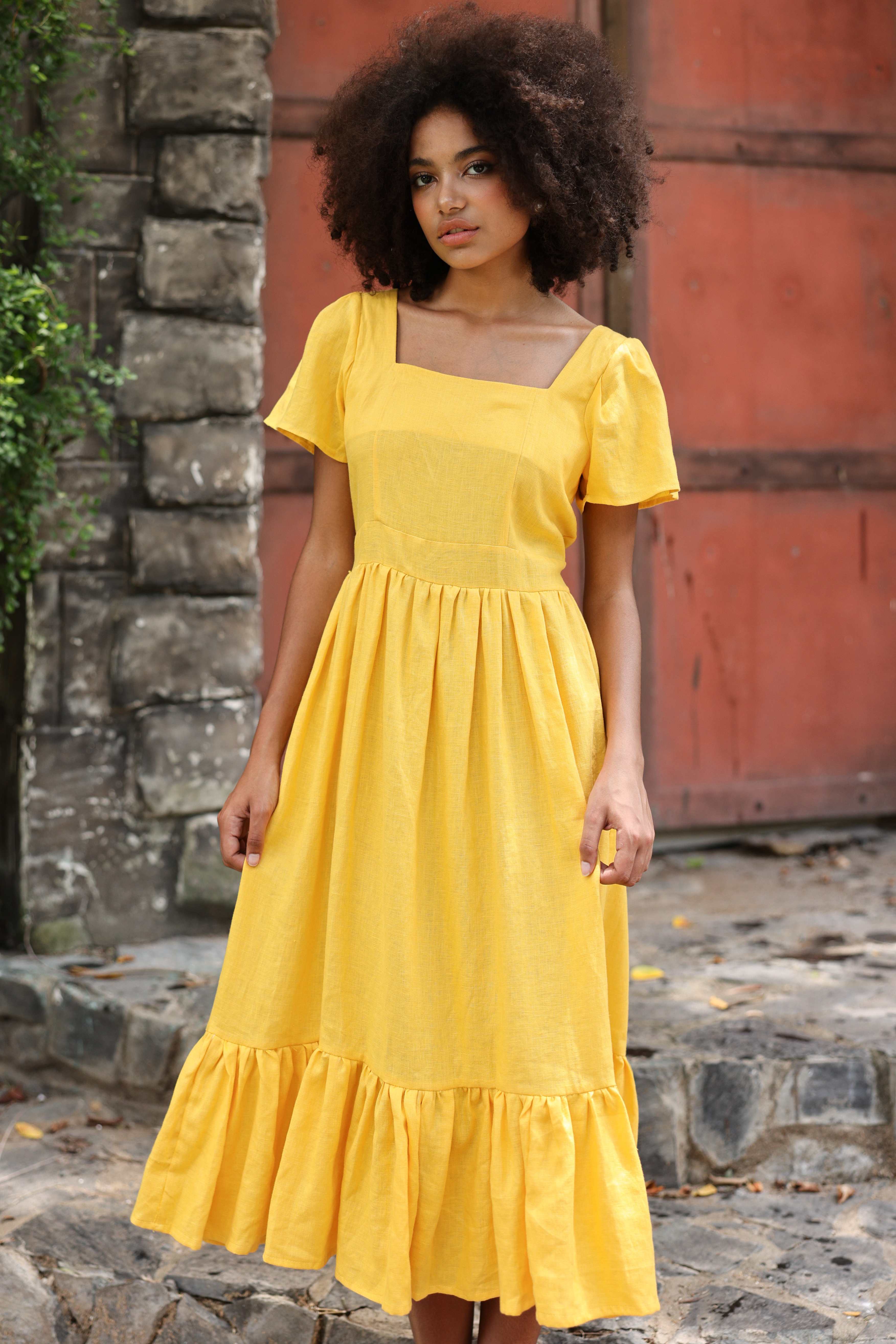 Ruffle hem linen dress