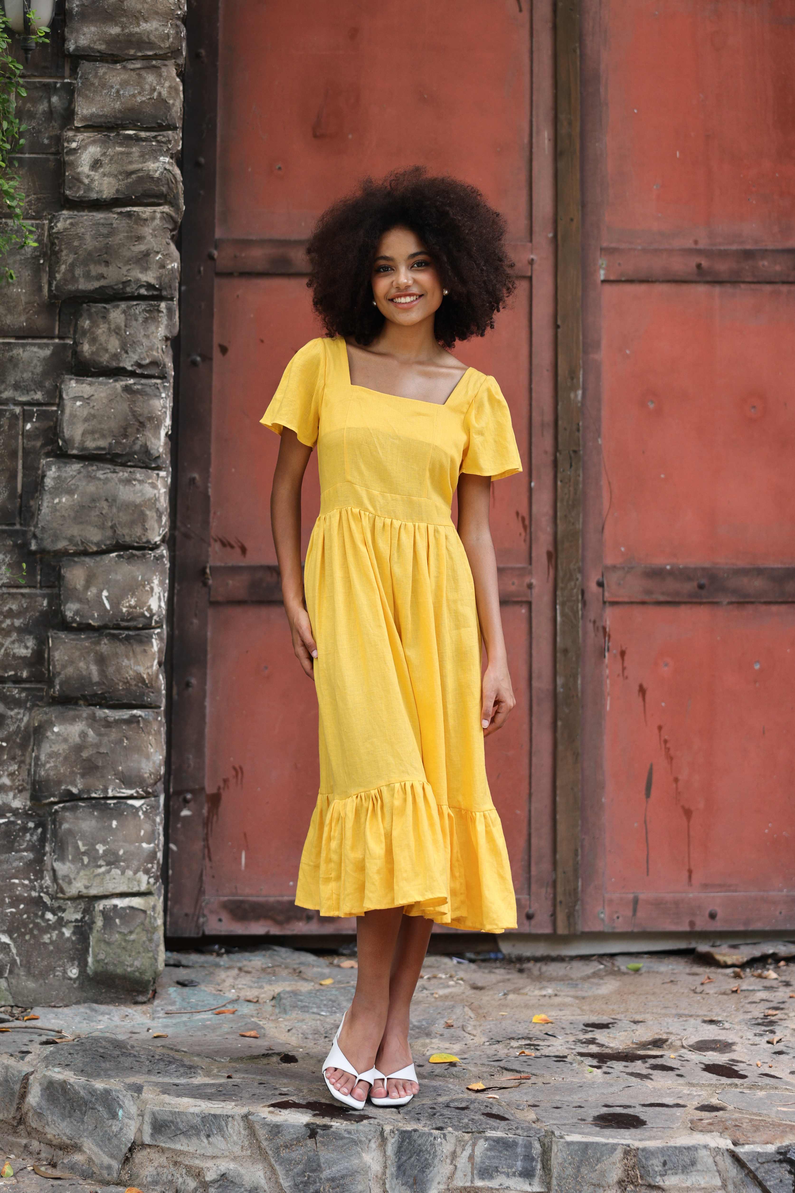 Ruffle hem linen dress